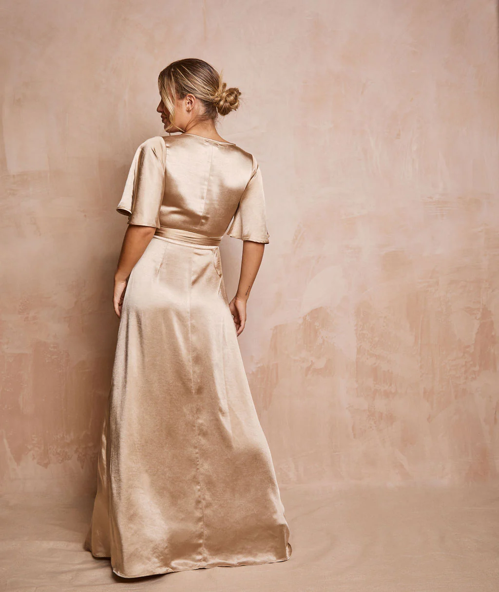 Wrap Tie Satin Bridesmaid Dress - Champagne - Image 4