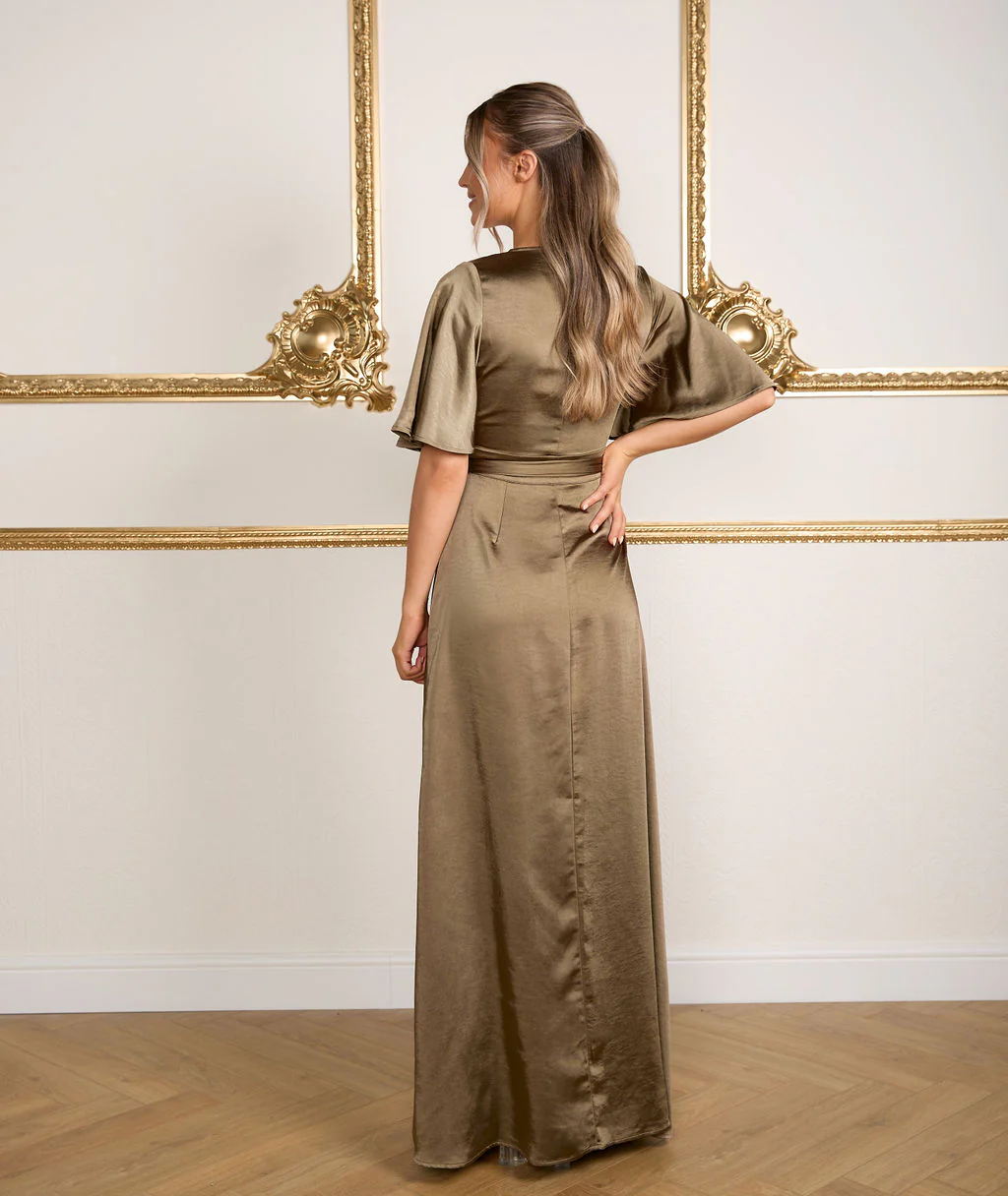 Wrap Tie Satin Bridesmaid Dress - Olive - Image 3