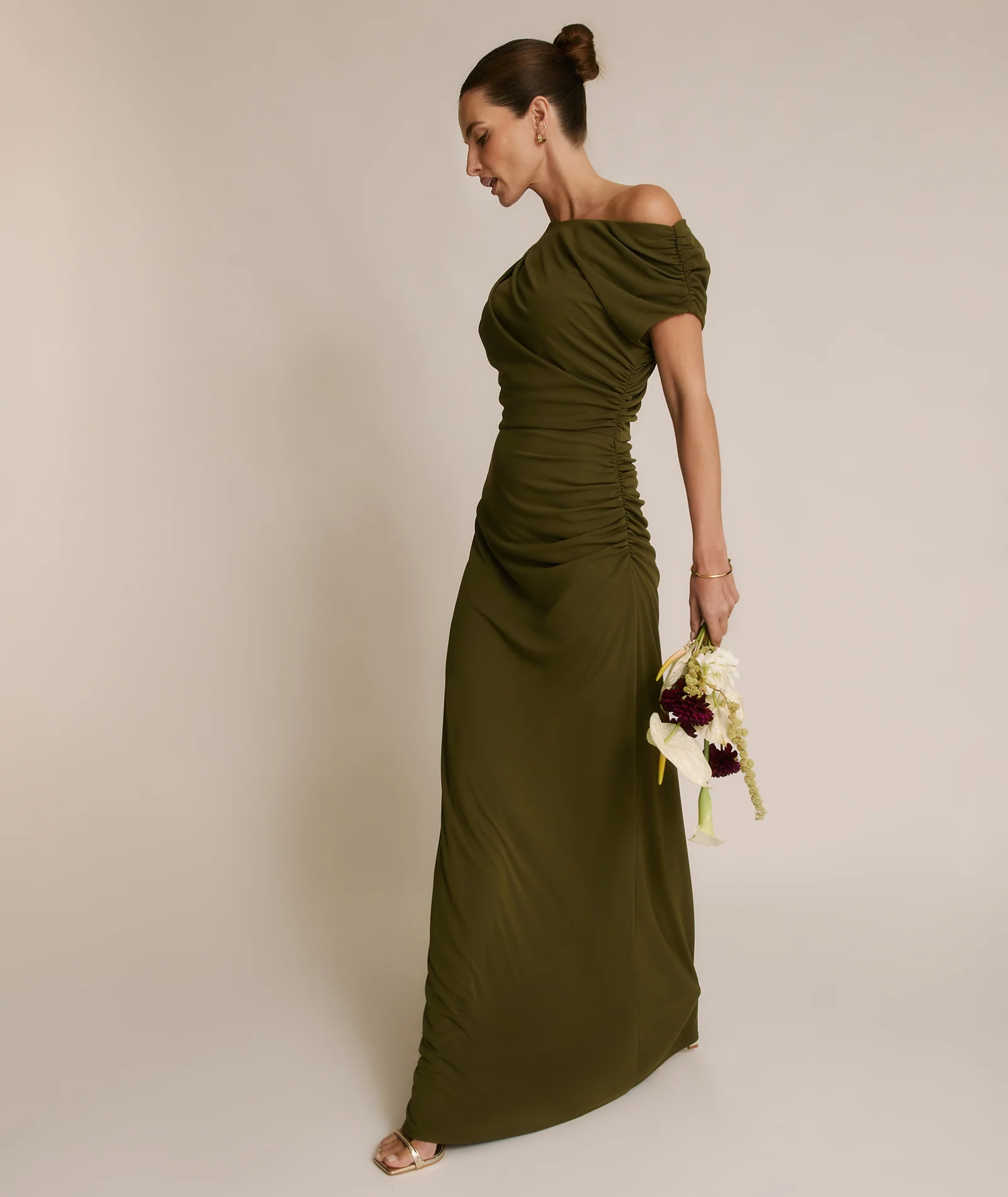Asymmetric Neck Stretch Sculpt Bridesmaid Dress - Fern Green - Image 3