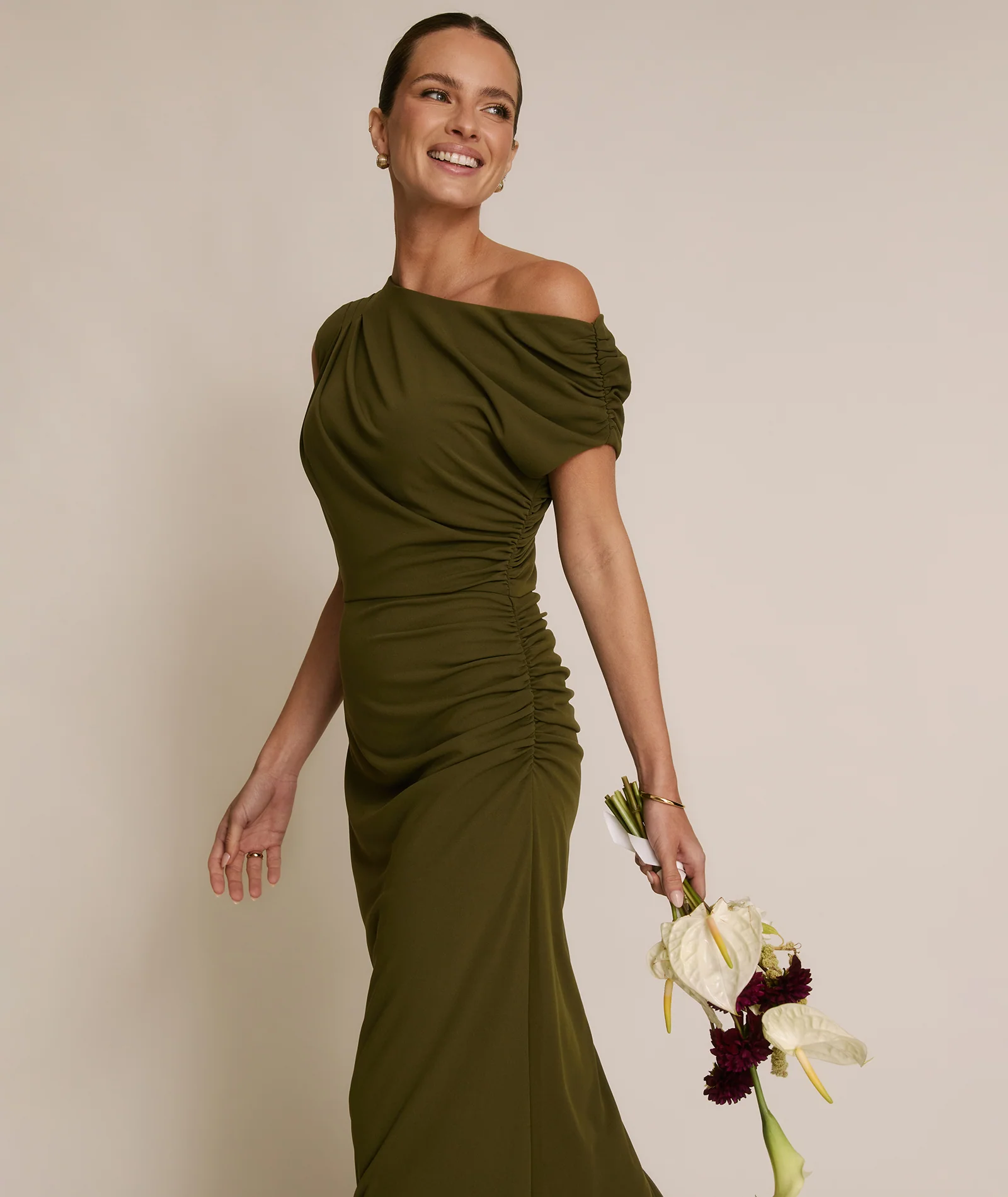 Asymmetric Neck Stretch Sculpt Bridesmaid Dress - Fern Green - Image 4