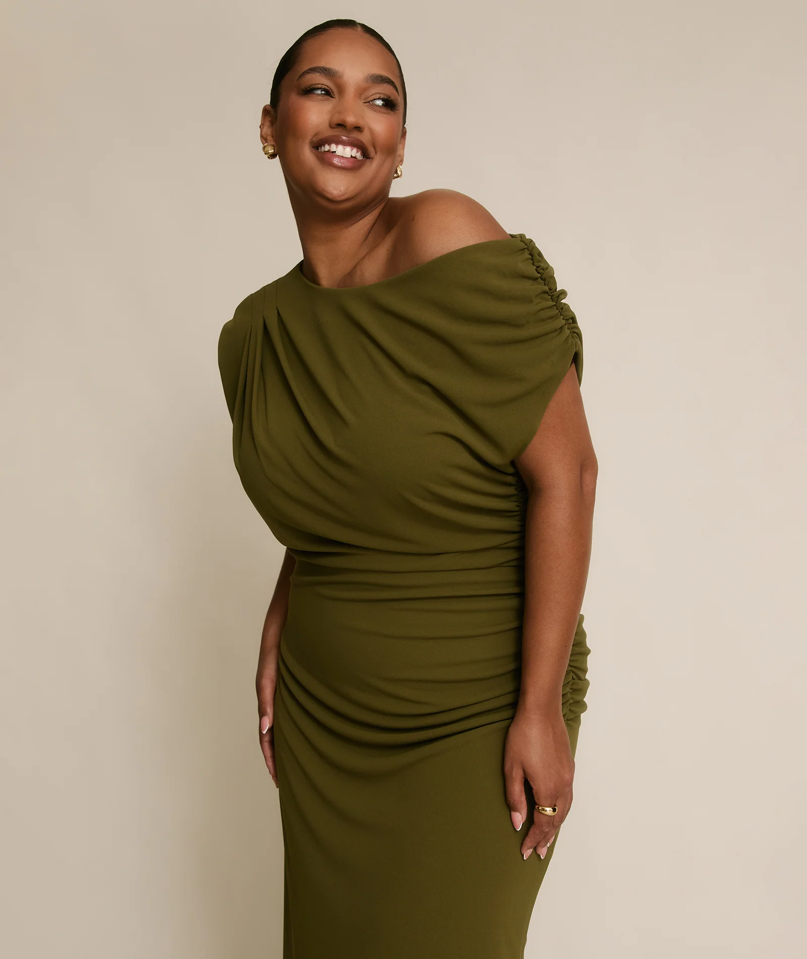 Asymmetric Neck Stretch Sculpt Bridesmaid Dress - Fern Green - Image 6