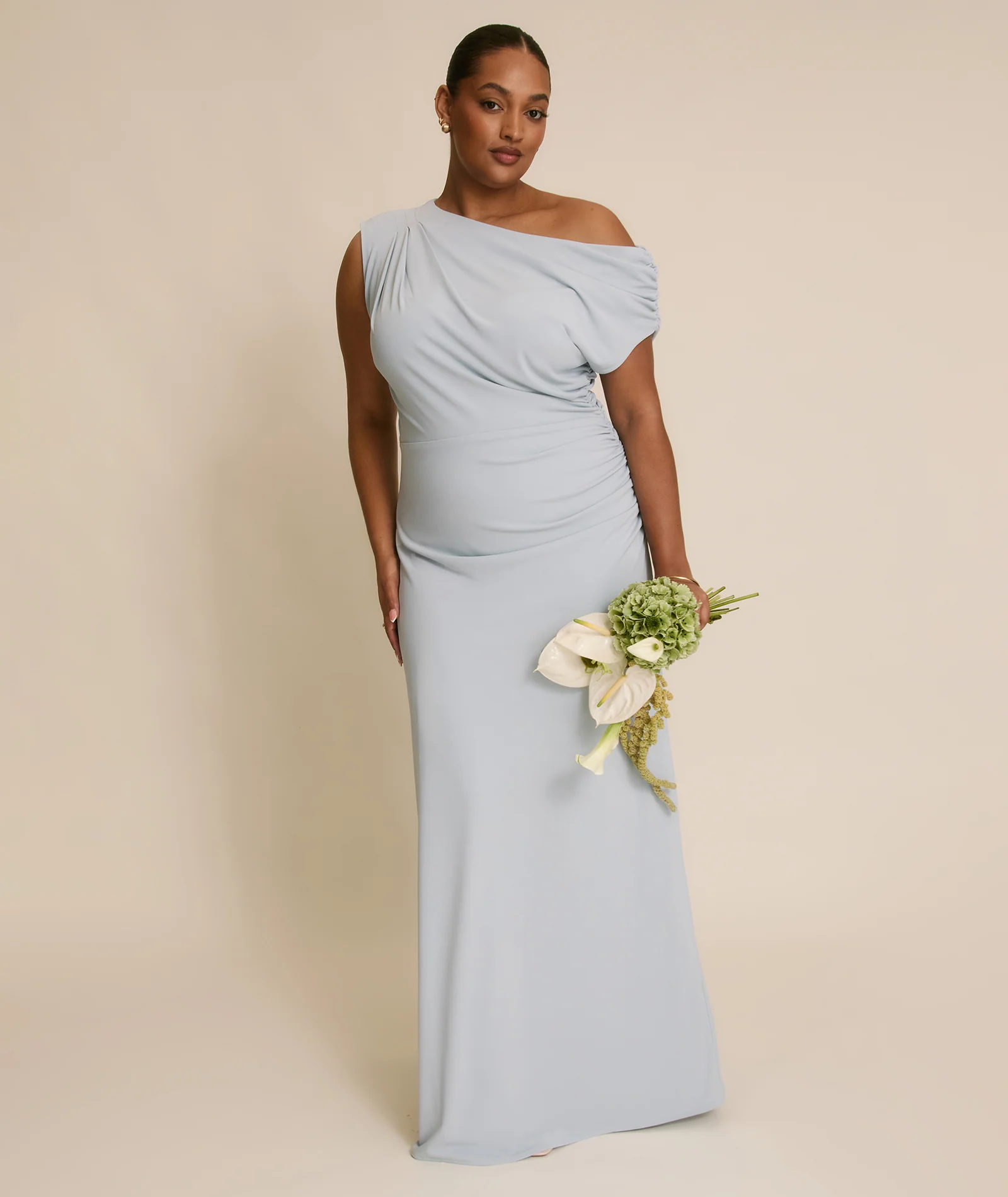 Asymmetric Neck Stretch Sculpt Bridesmaid Dress - Pale Blue - Image 5