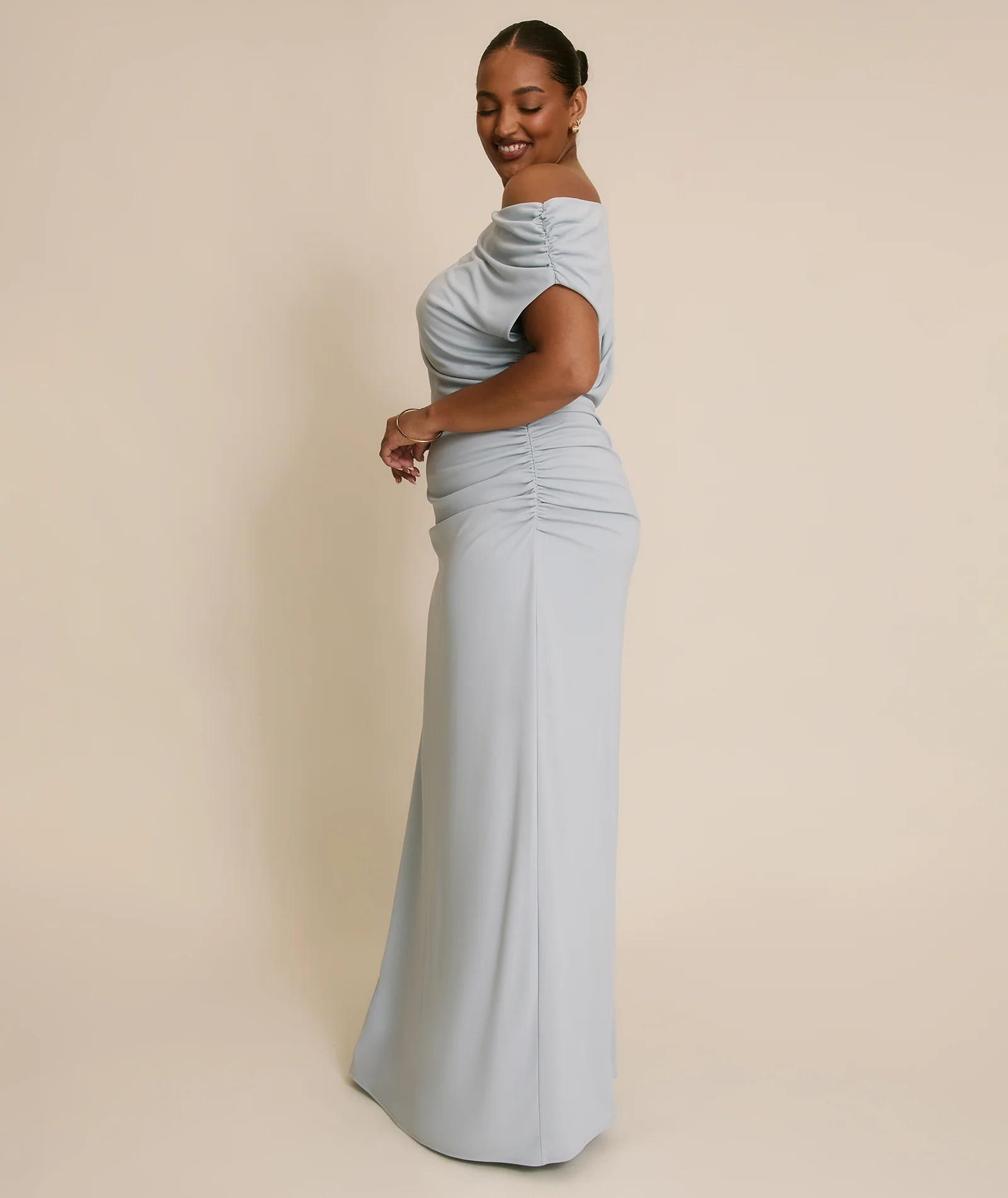 Asymmetric Neck Stretch Sculpt Bridesmaid Dress - Pale Blue - Image 6