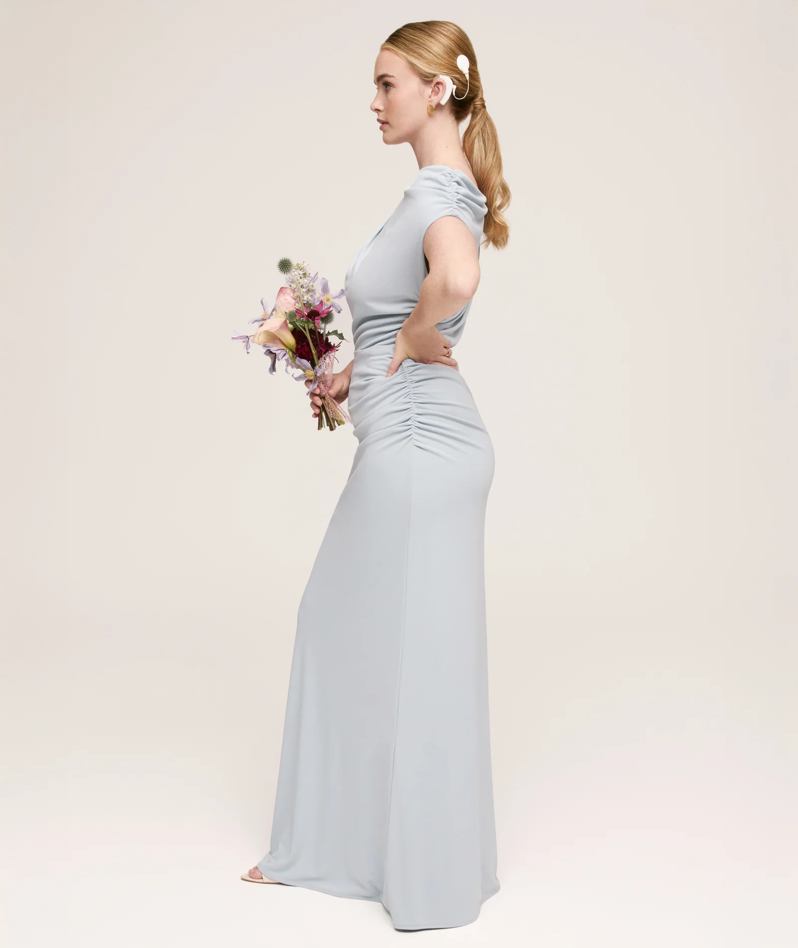 Asymmetric Neck Stretch Sculpt Bridesmaid Dress - Pale Blue - Image 7