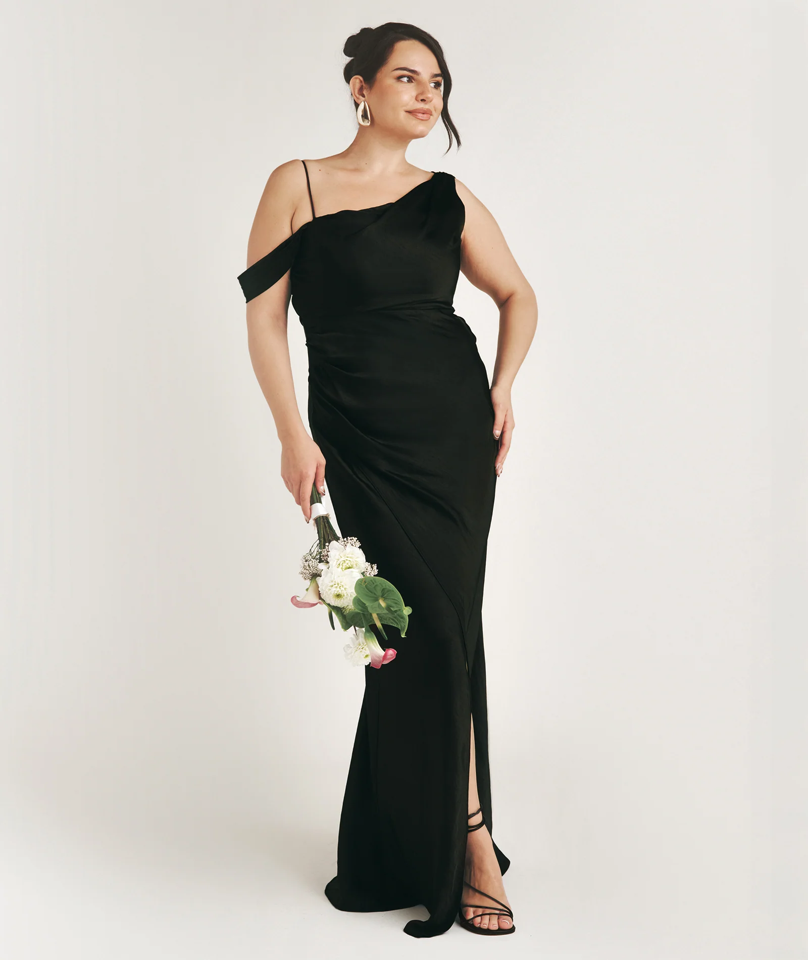 Asymmetrical Satin Bridesmaid Dress - Black - Image 3