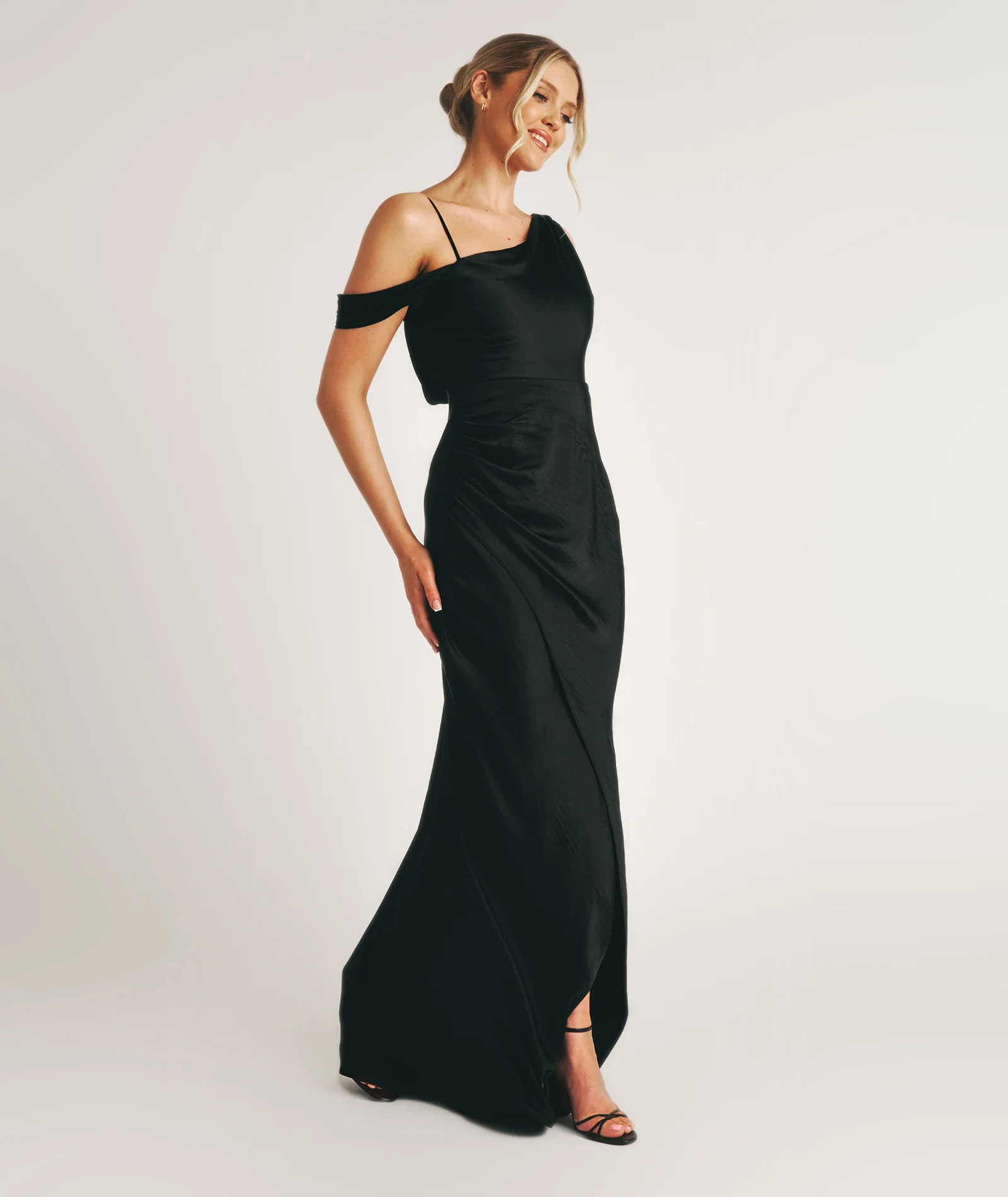 Asymmetrical Satin Bridesmaid Dress - Black - Image 6