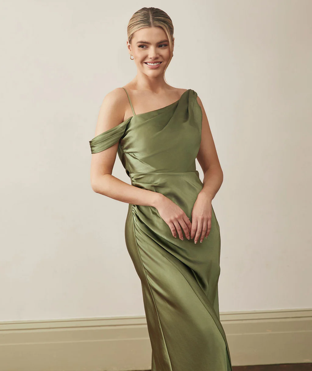 Asymmetrical Satin Bridesmaid Dress - Moss Green - Image 4