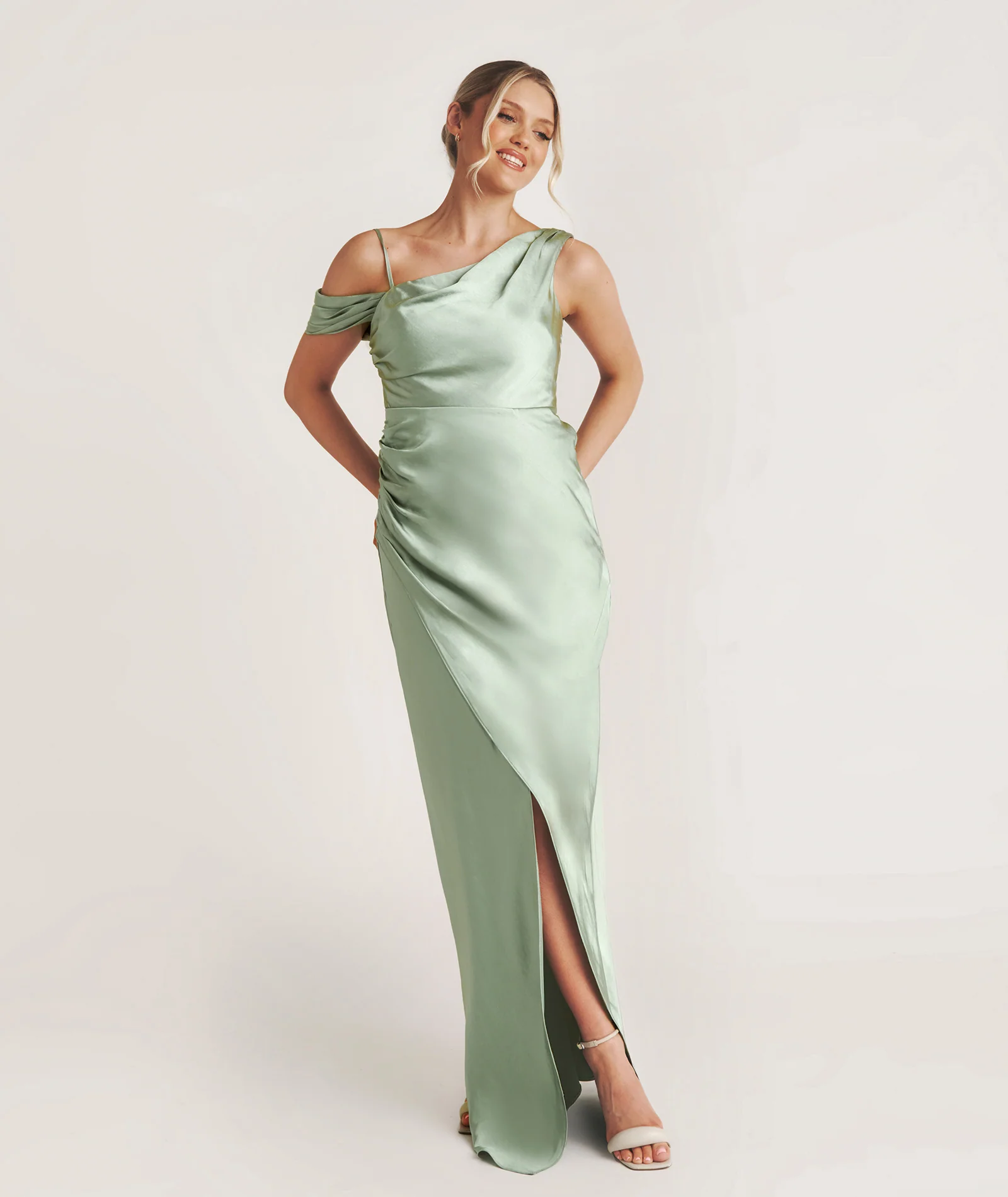 Asymmetrical Satin Bridesmaid Dress - Sage - Image 3