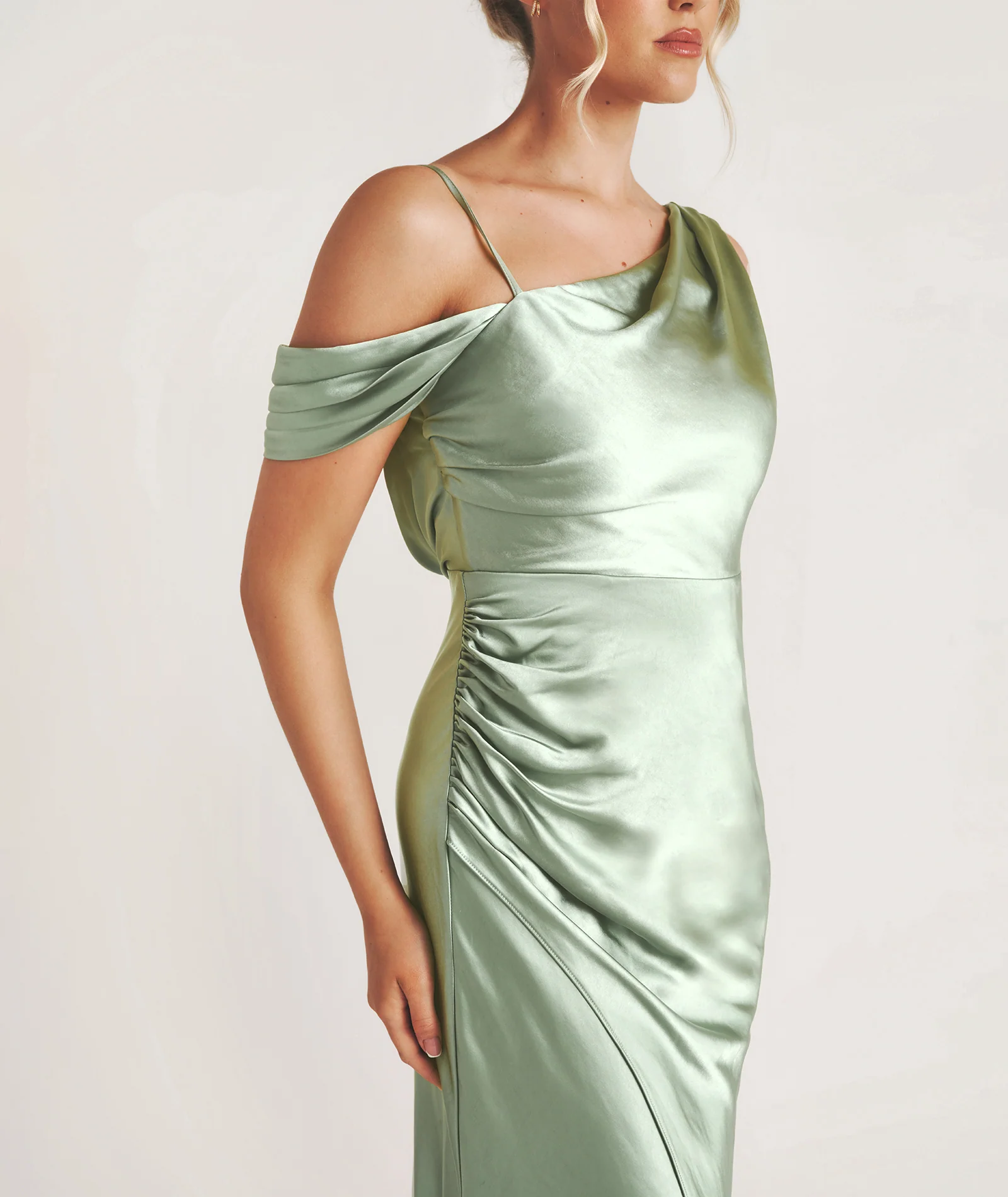 Asymmetrical Satin Bridesmaid Dress - Sage - Image 4