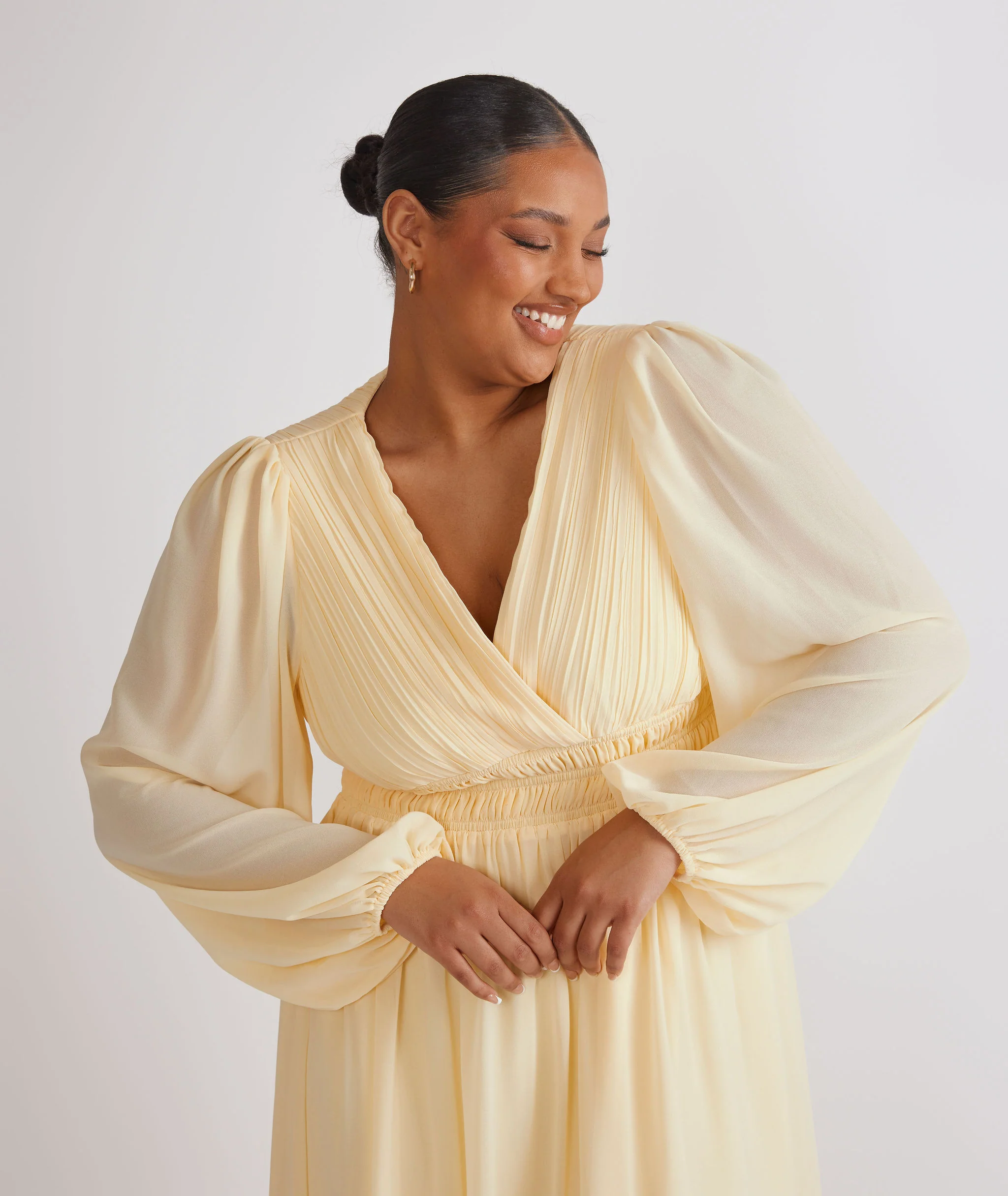 Balloon Sleeve Chiffon Bridesmaid Dress - Butter Lemon - Image 3