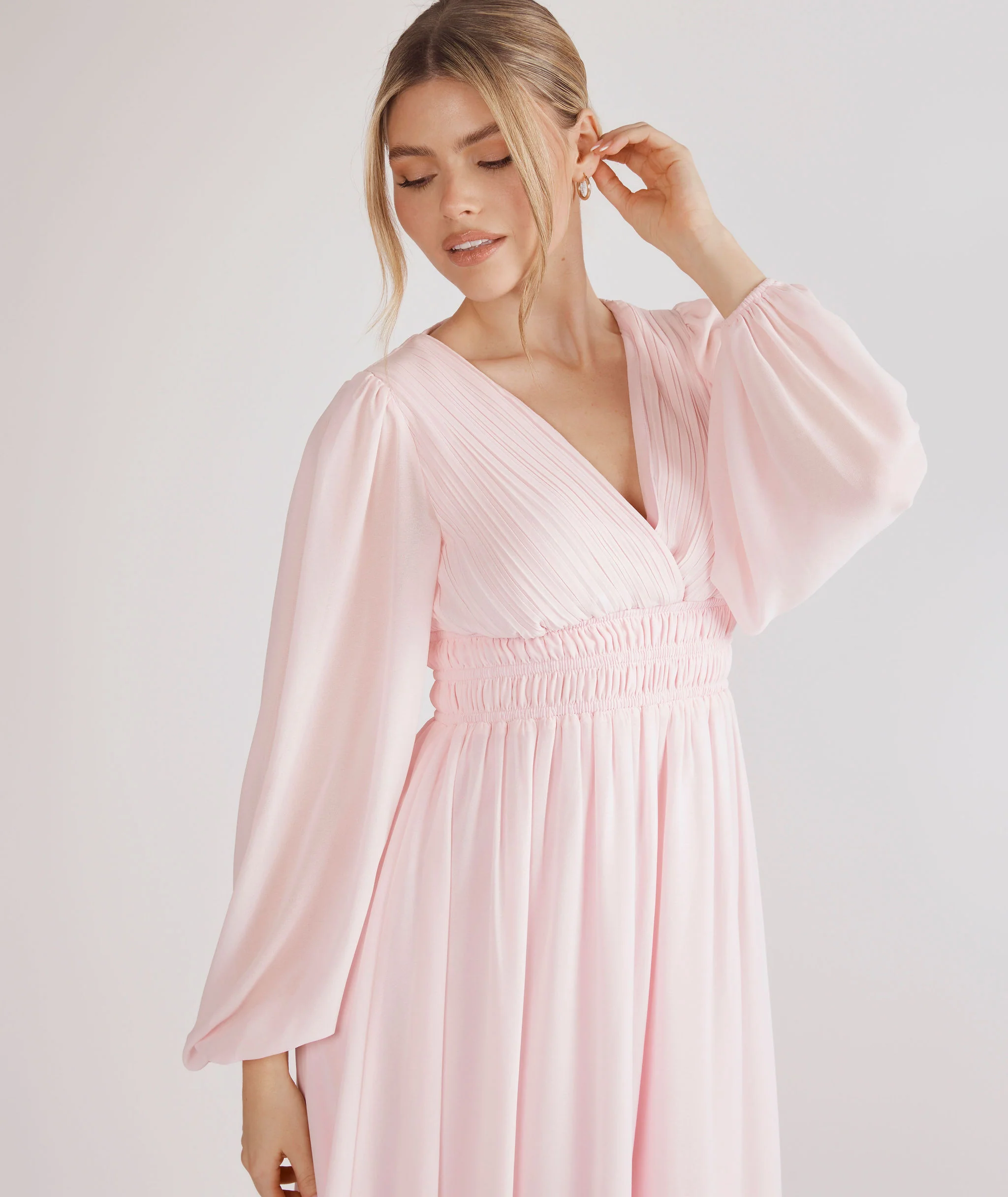 Balloon Sleeve Chiffon Bridesmaid Dress  - Pale Pink - Image 3