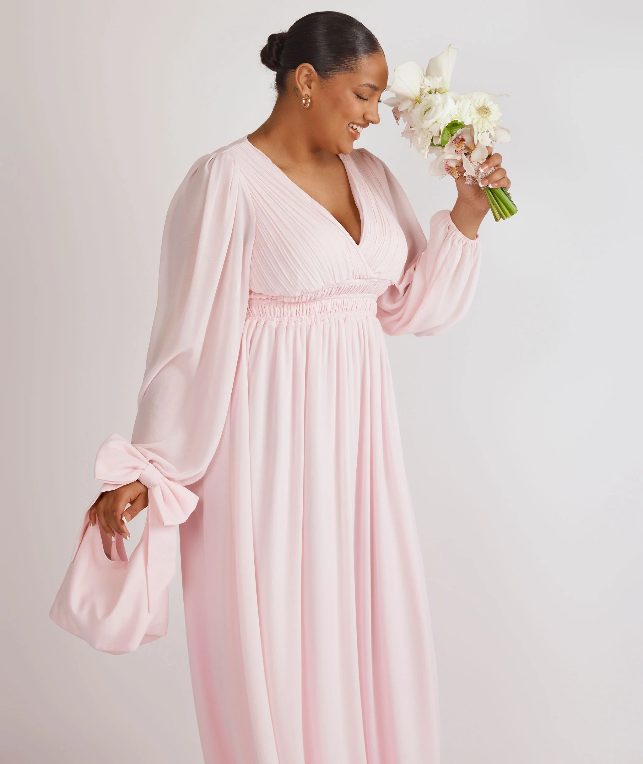 Balloon Sleeve Chiffon Bridesmaid Dress  - Pale Pink - Image 6