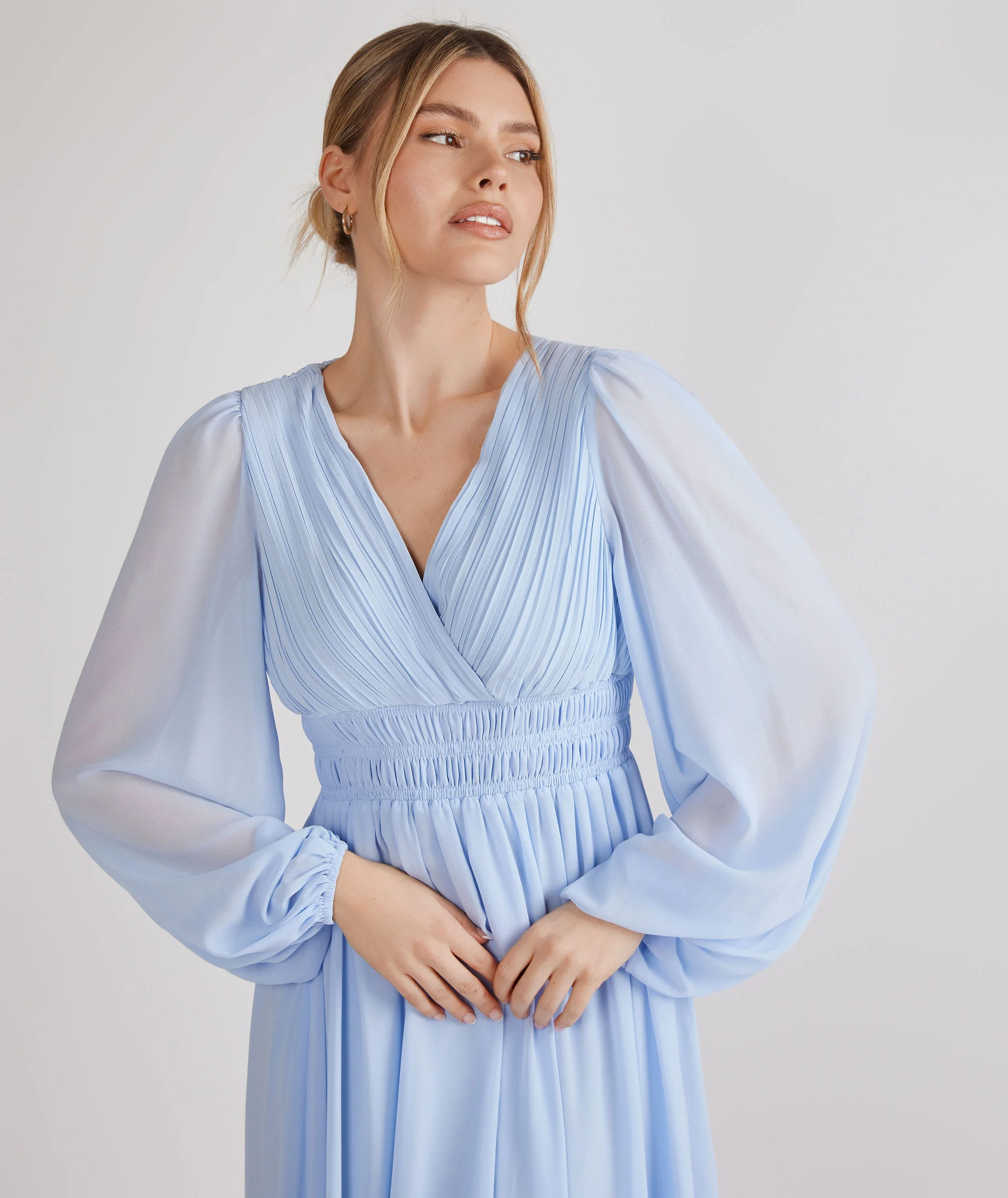 Balloon Sleeve Chiffon Bridesmaid Dress - Cornflower Blue - Image 5