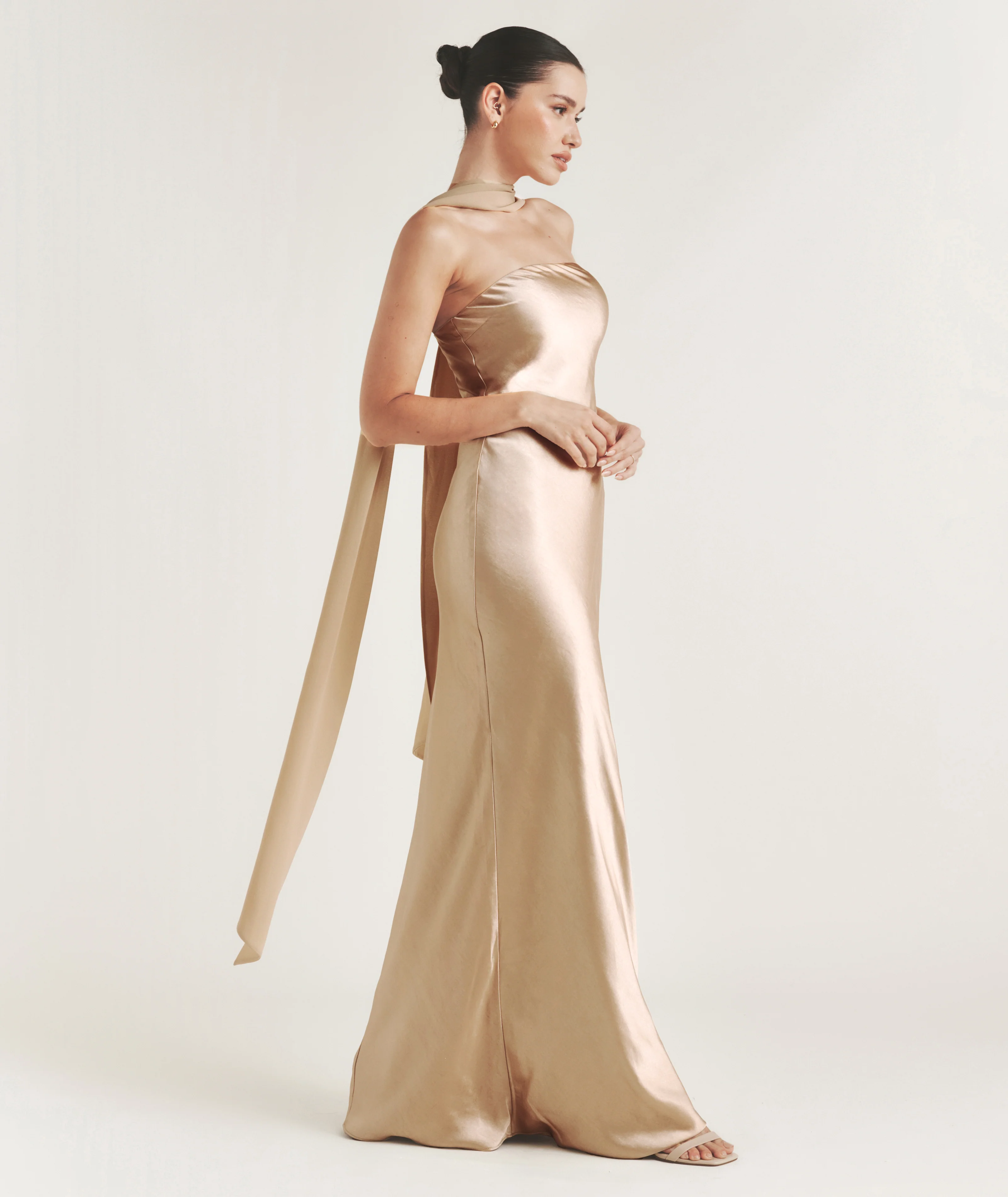 Bandeau Satin Bridesmaid Dress with Chiffon Neck Scarf - Champagne - Image 3