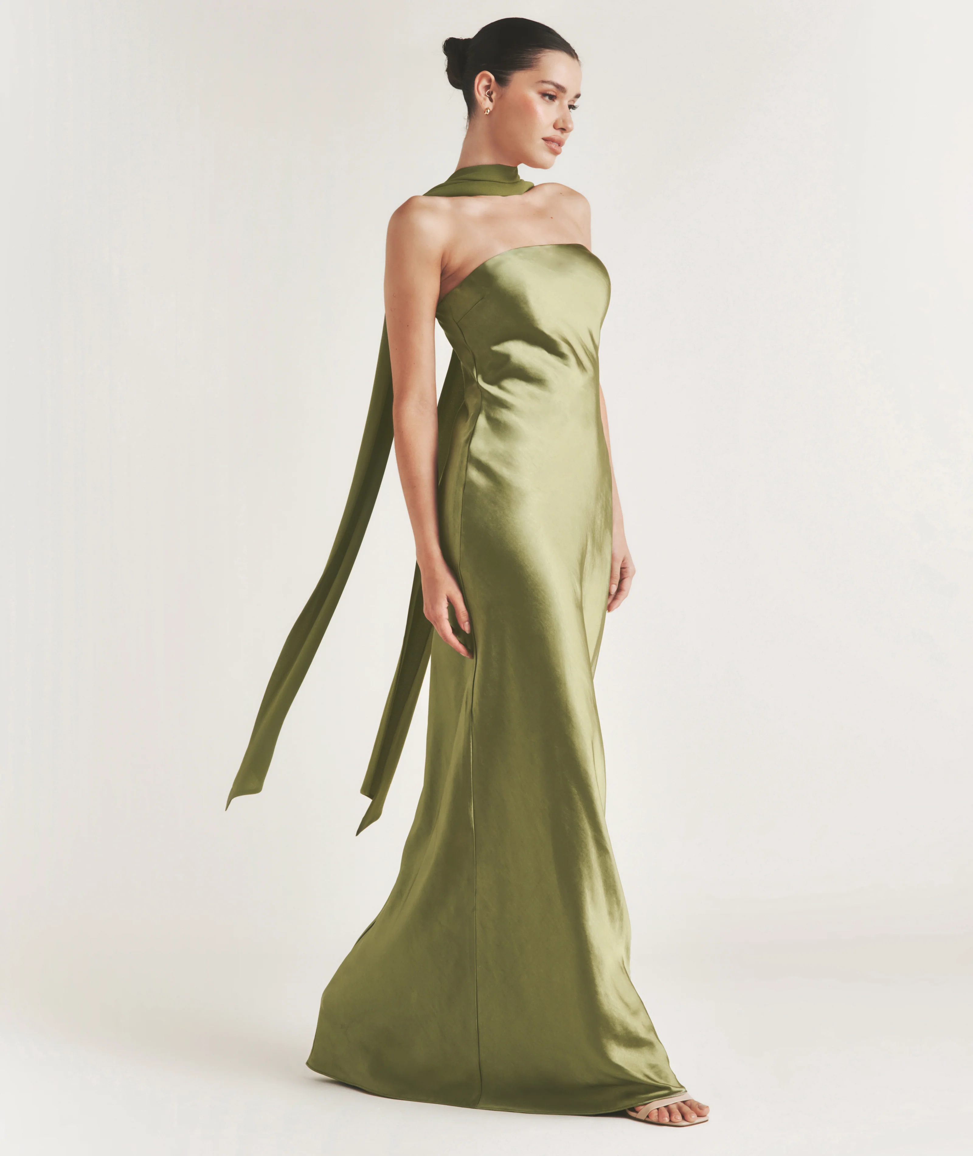 Bandeau Satin Bridesmaid Dress with Chiffon Neck Scarf - Moss Green - Image 3