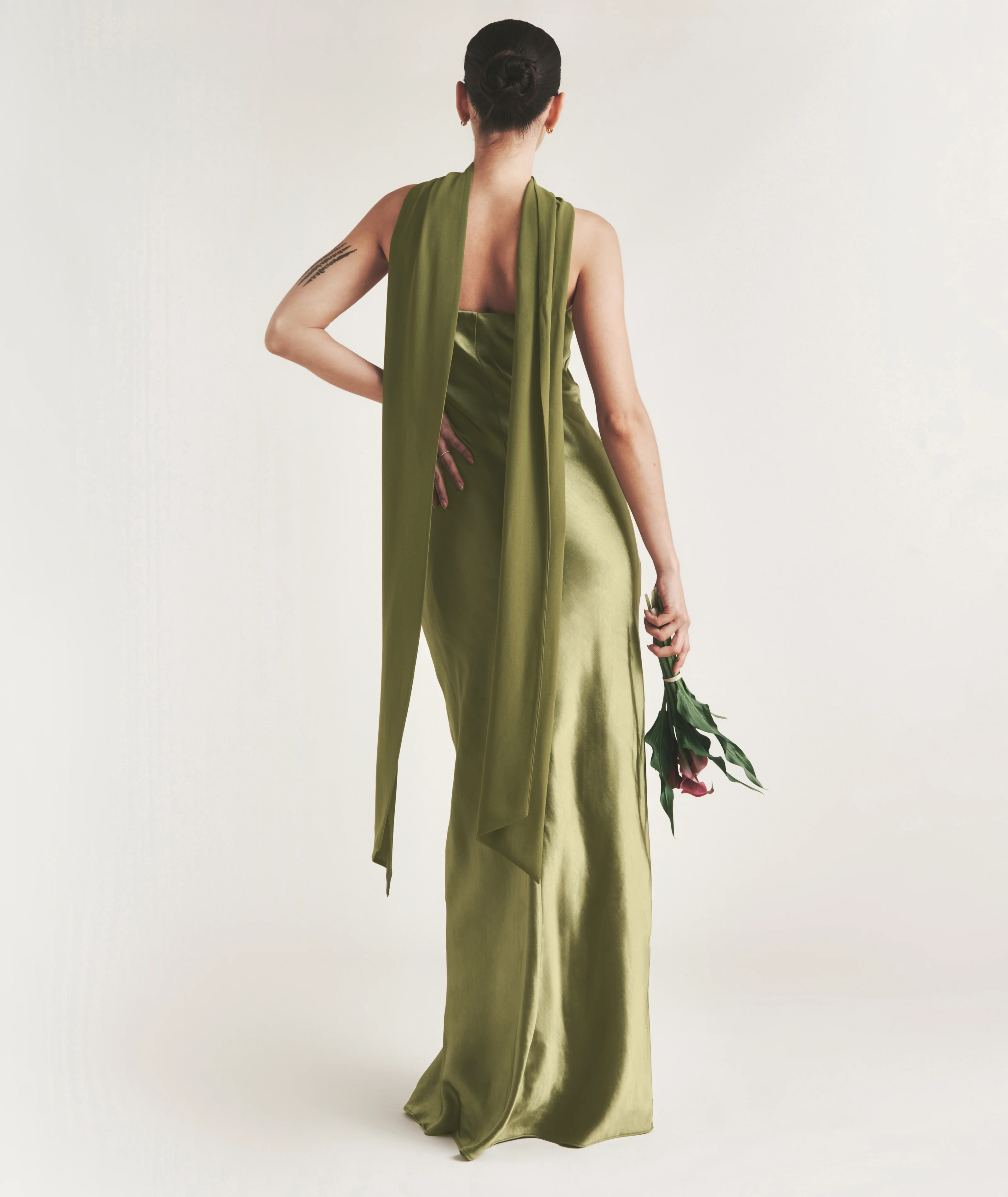 Bandeau Satin Bridesmaid Dress with Chiffon Neck Scarf - Moss Green - Image 4