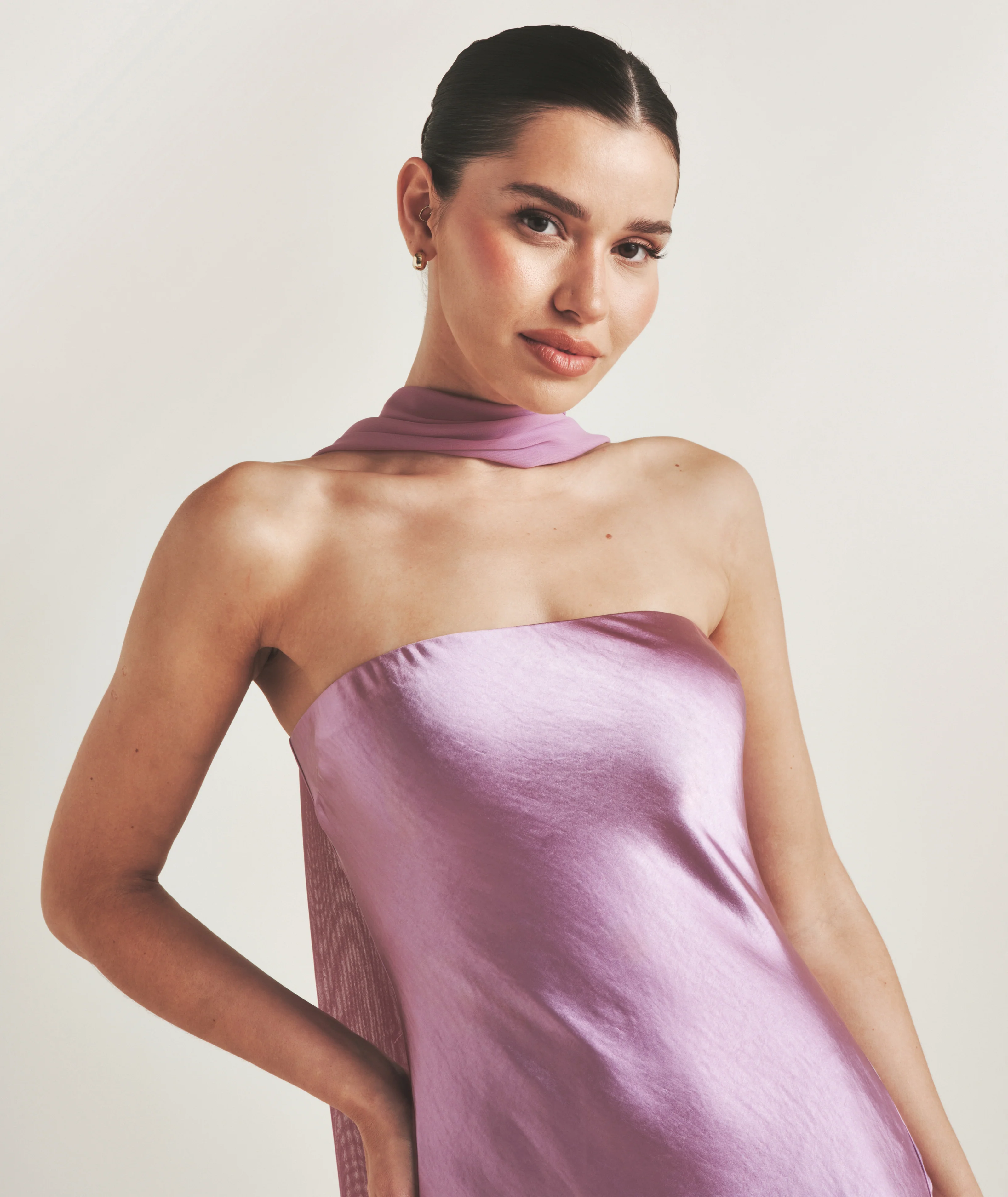 Bandeau Satin Bridesmaid Dress with Chiffon Neck Scarf - Orchid - Image 3