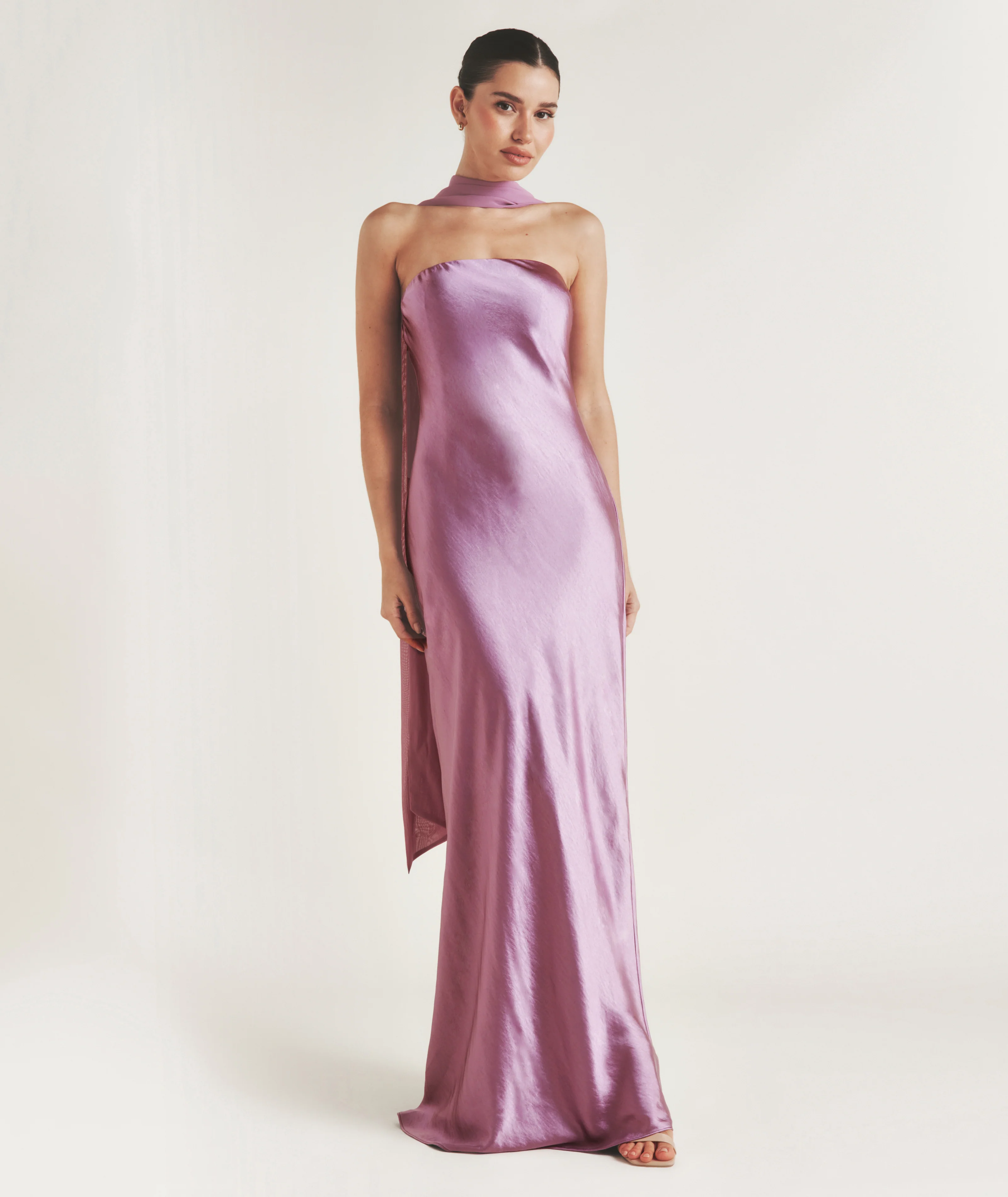 Bandeau Satin Bridesmaid Dress with Chiffon Neck Scarf - Orchid - Image 4
