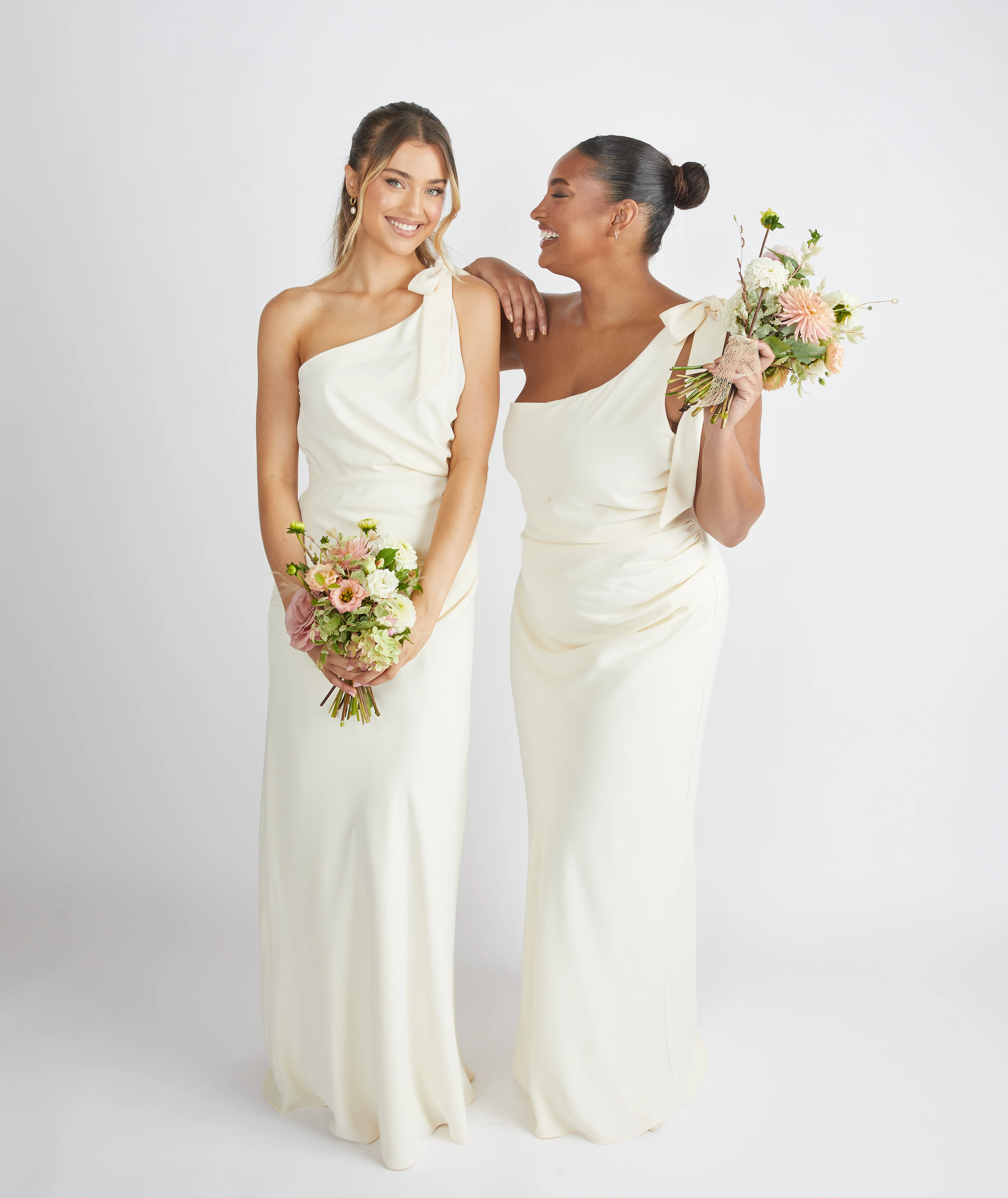 Bow One Shoulder Crepe Bridesmaid Dress - Almond