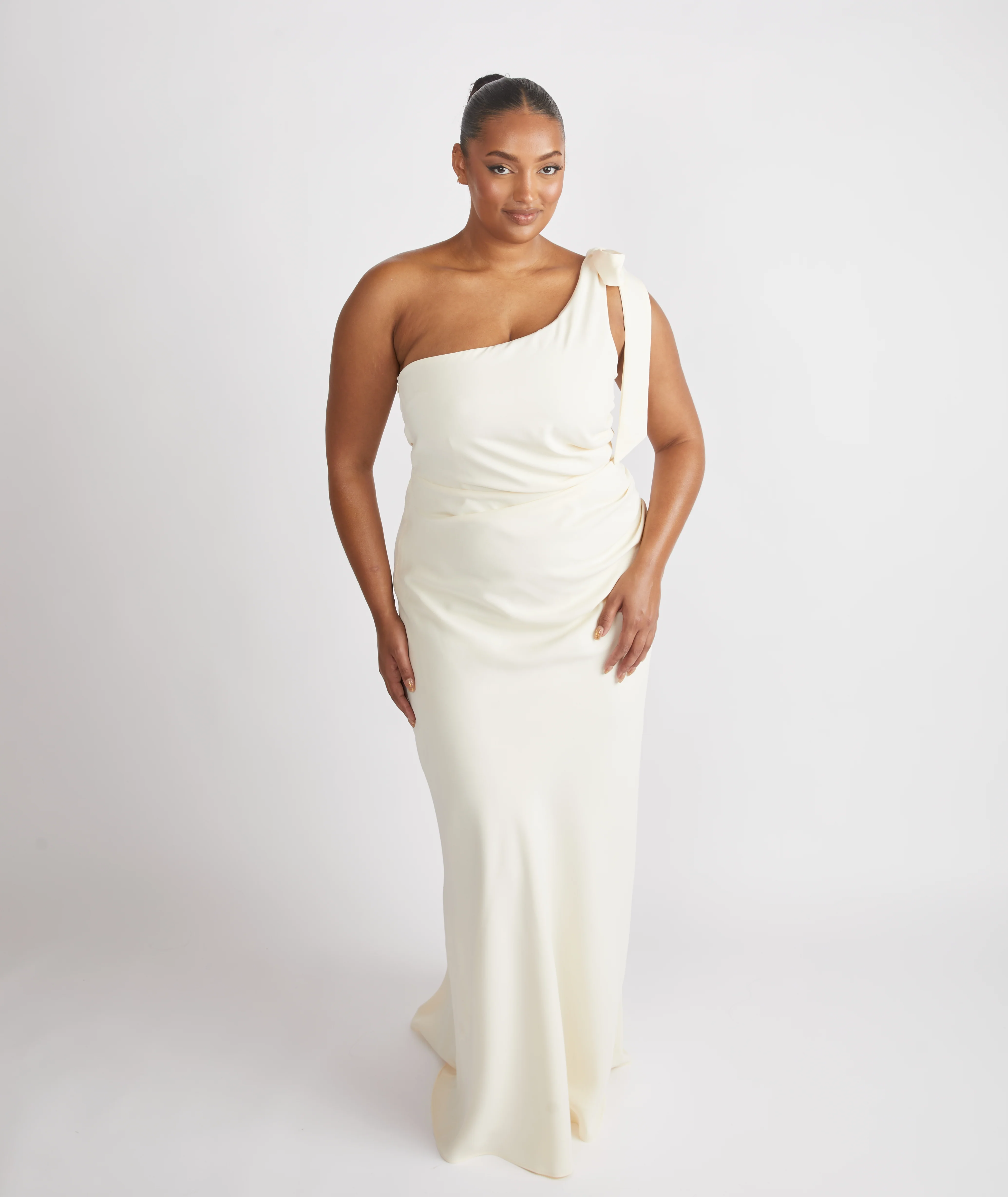 Bow One Shoulder Crepe Bridesmaid Dress - Almond - Image 2