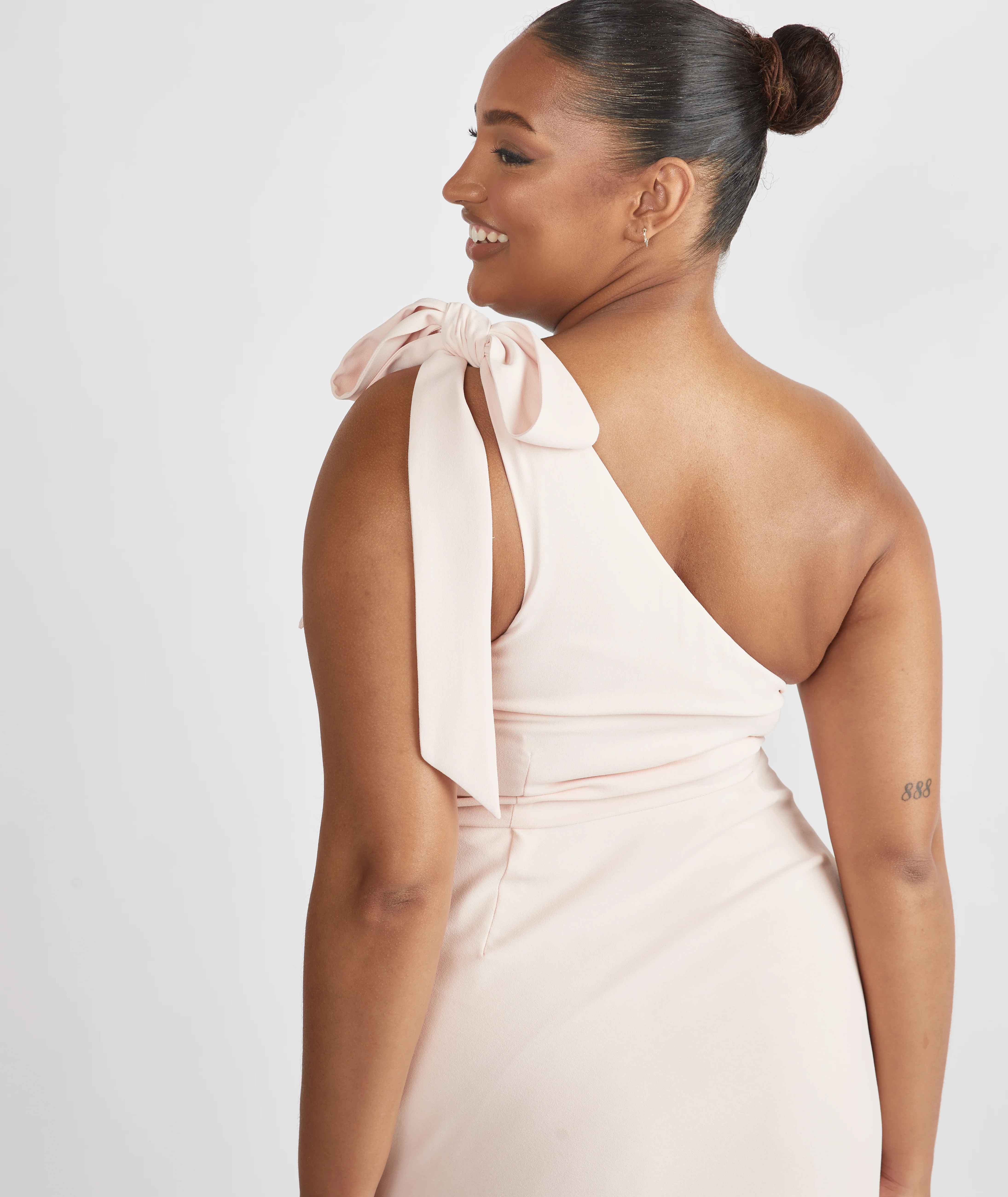 Bow One Shoulder Crepe Bridesmaid Dress - Blush - Image 2
