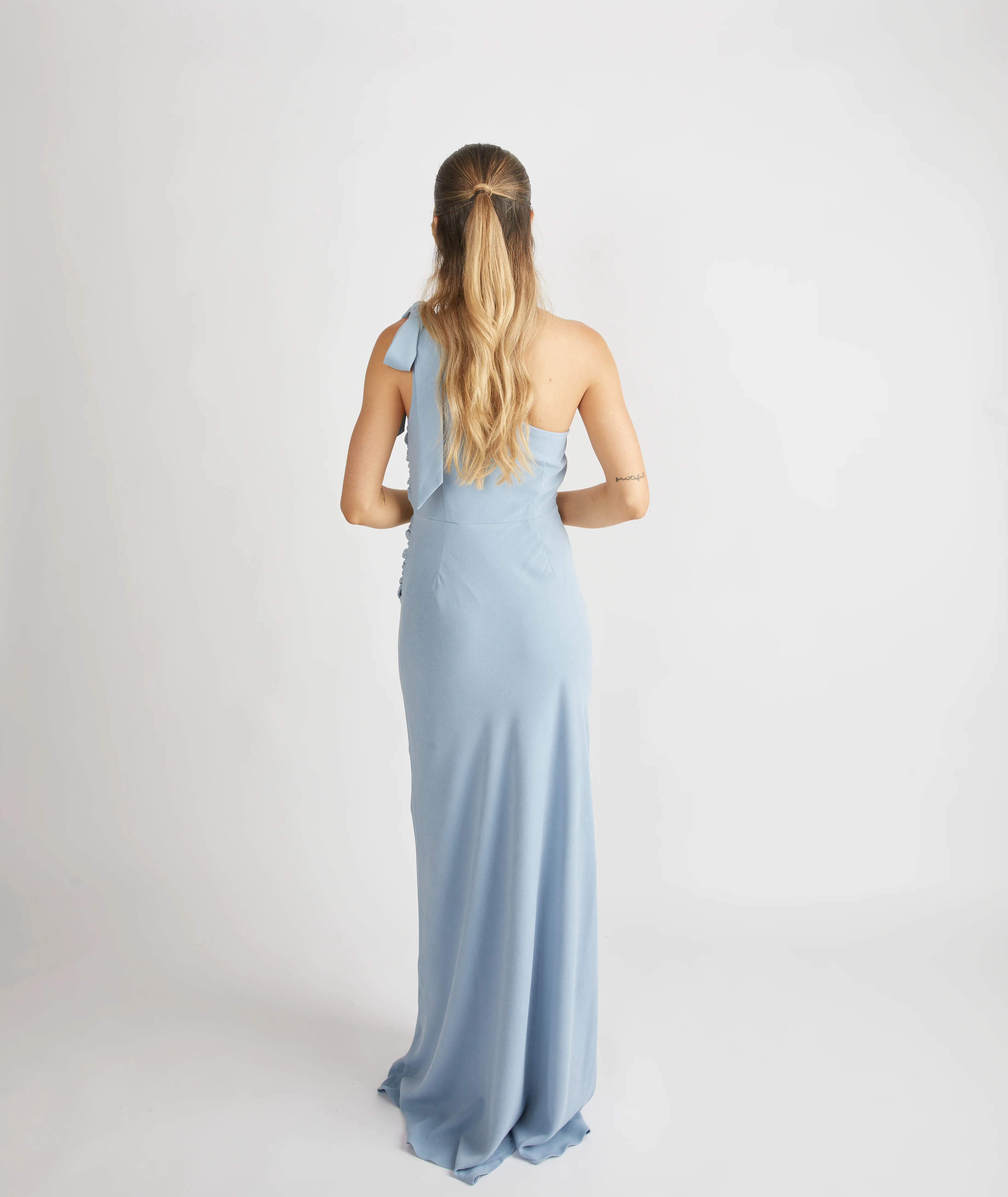 Bow One Shoulder Crepe Bridesmaid Dress - Pale Blue - Image 4