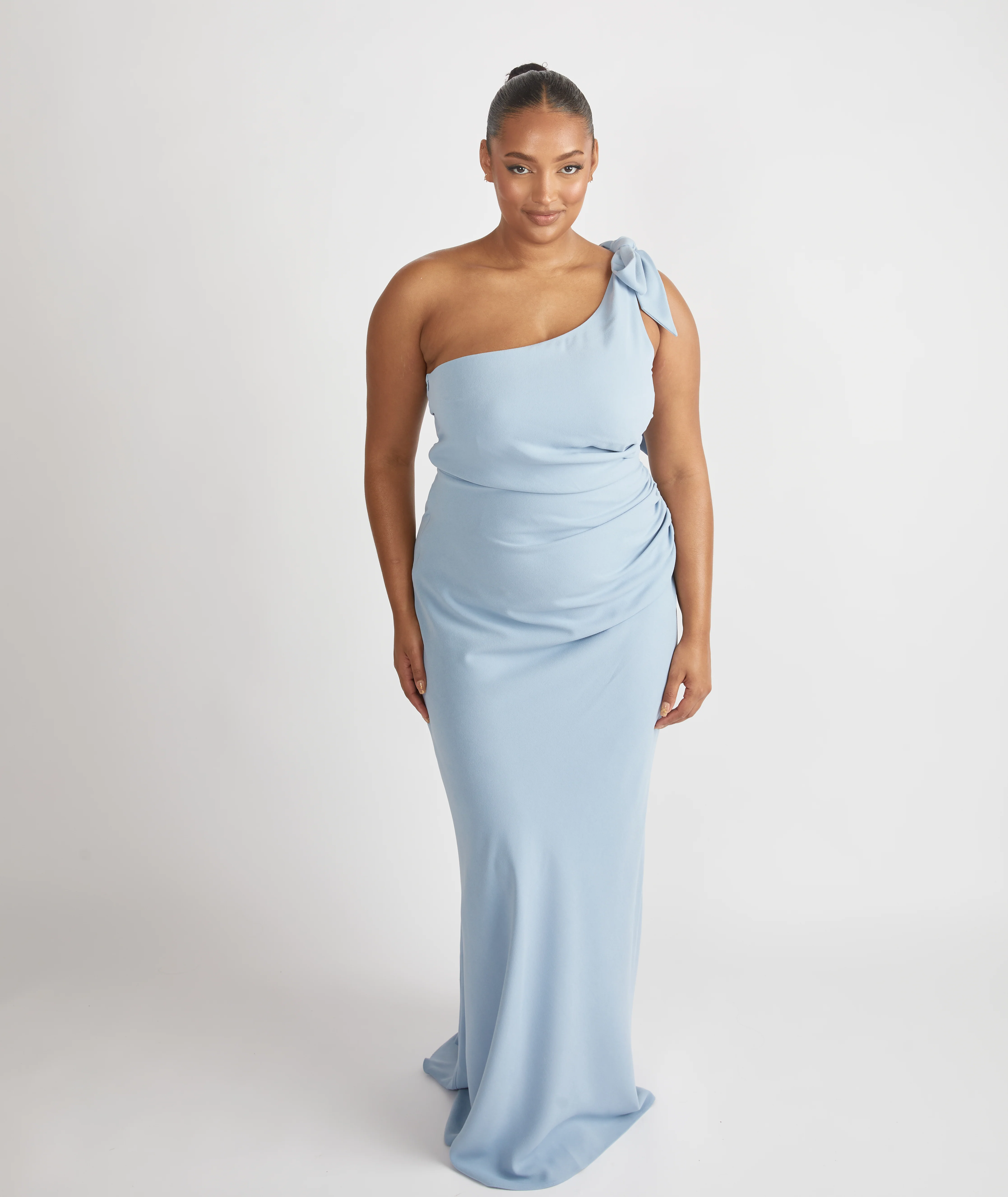 Bow One Shoulder Crepe Bridesmaid Dress - Pale Blue - Image 6