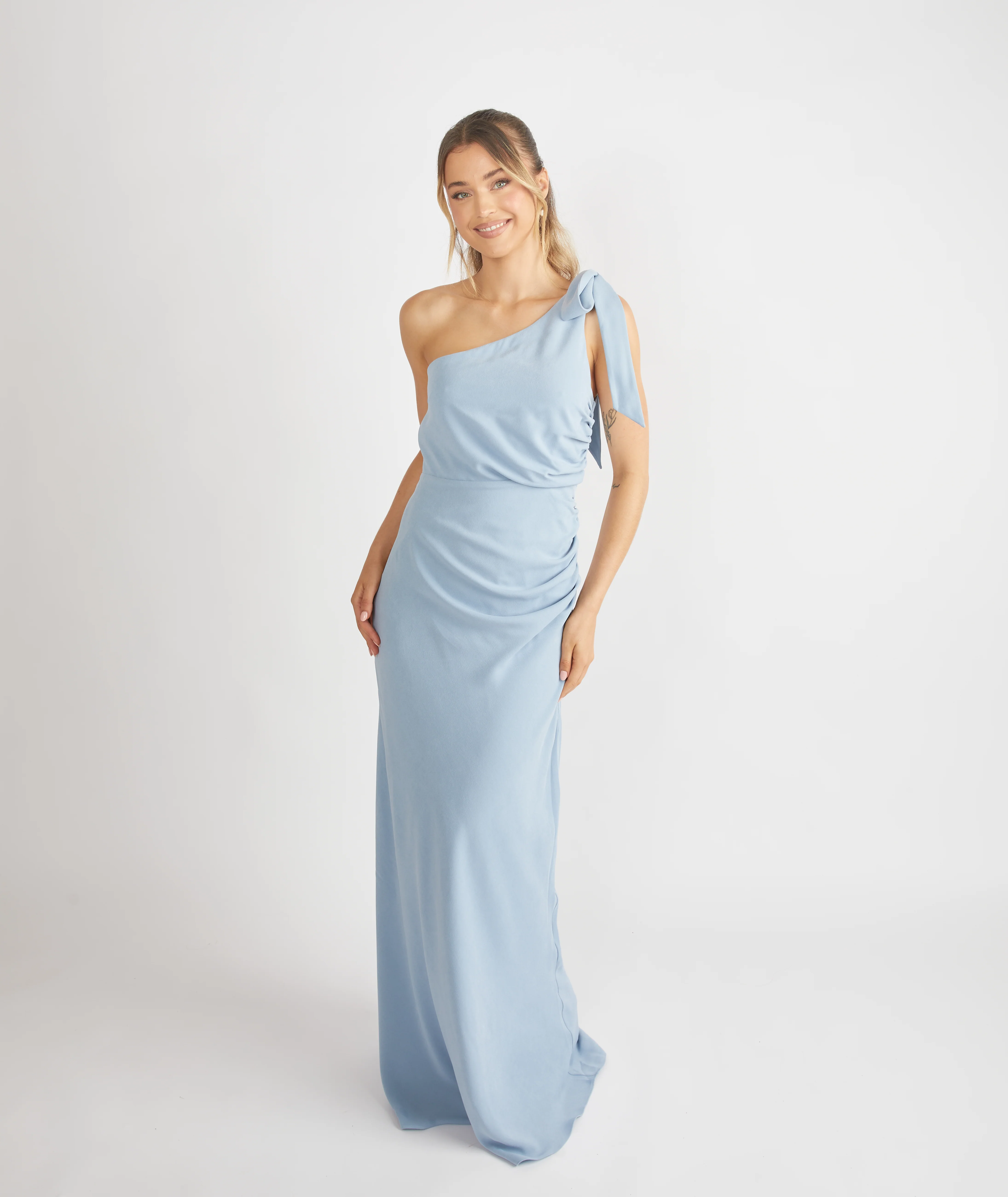 Bow One Shoulder Crepe Bridesmaid Dress - Pale Blue - Image 7