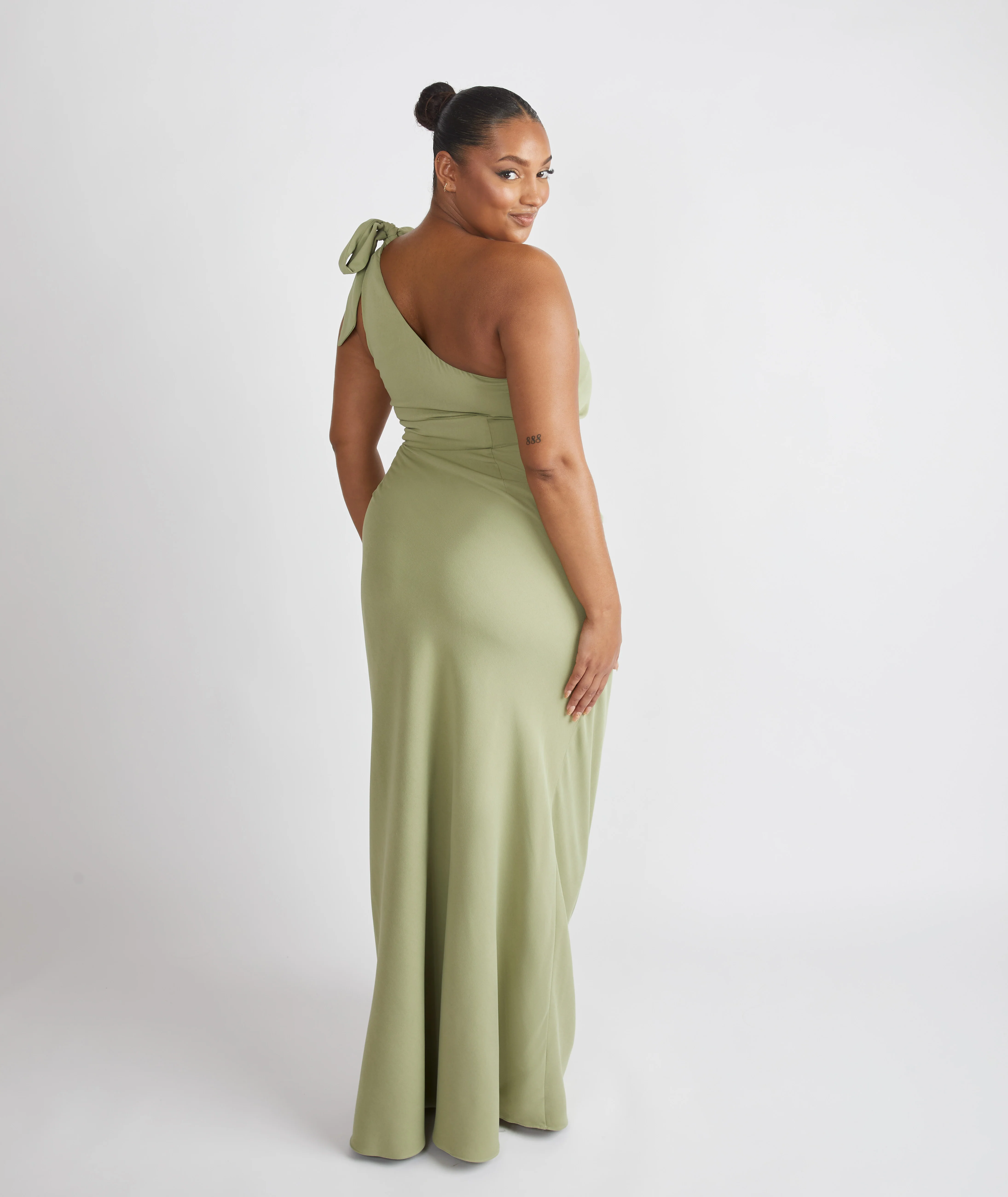 Bow One Shoulder Crepe Bridesmaid Dress - Sage - Image 2