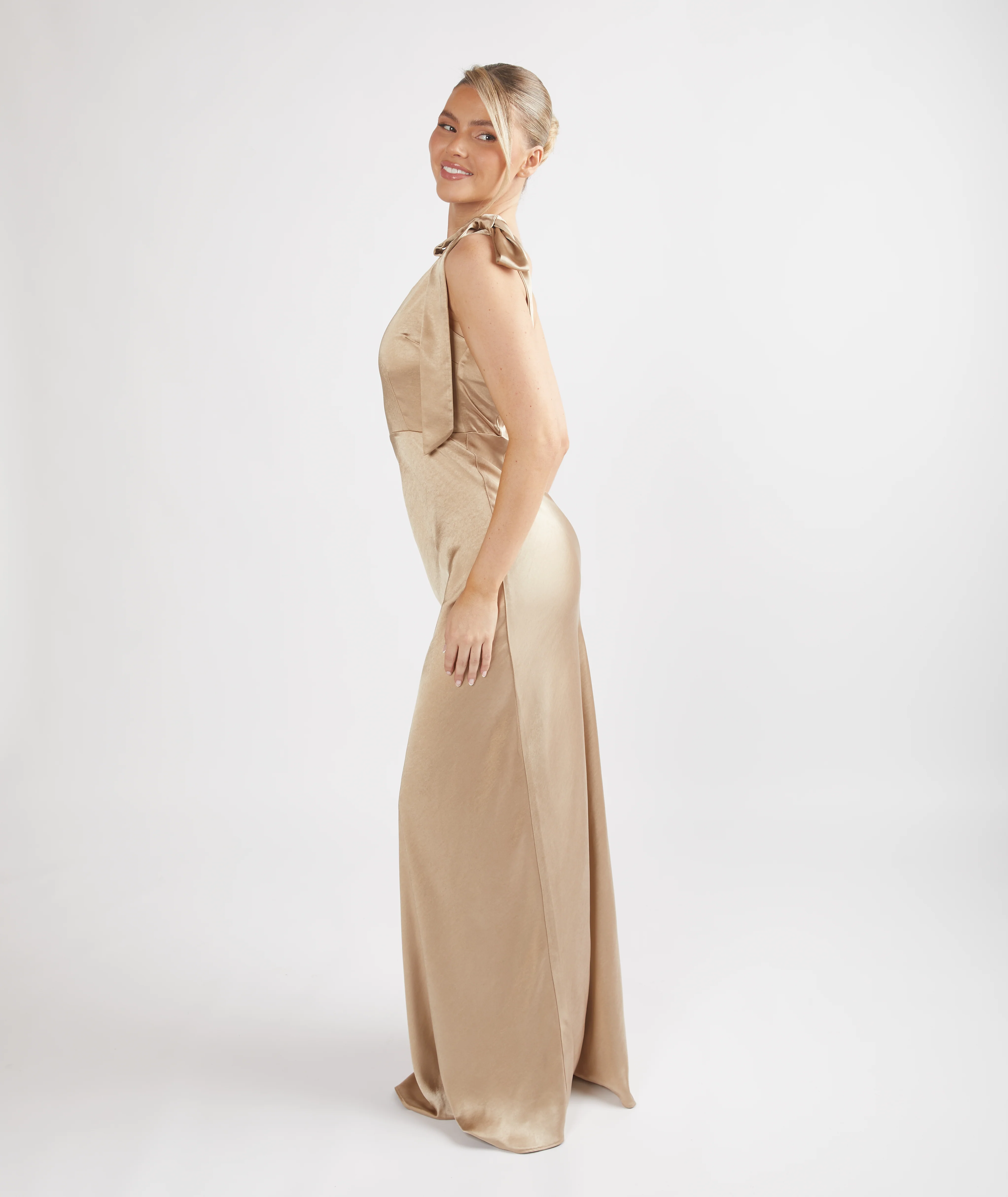 Bow One Shoulder Satin Bridesmaid Dress - Champagne - Image 4