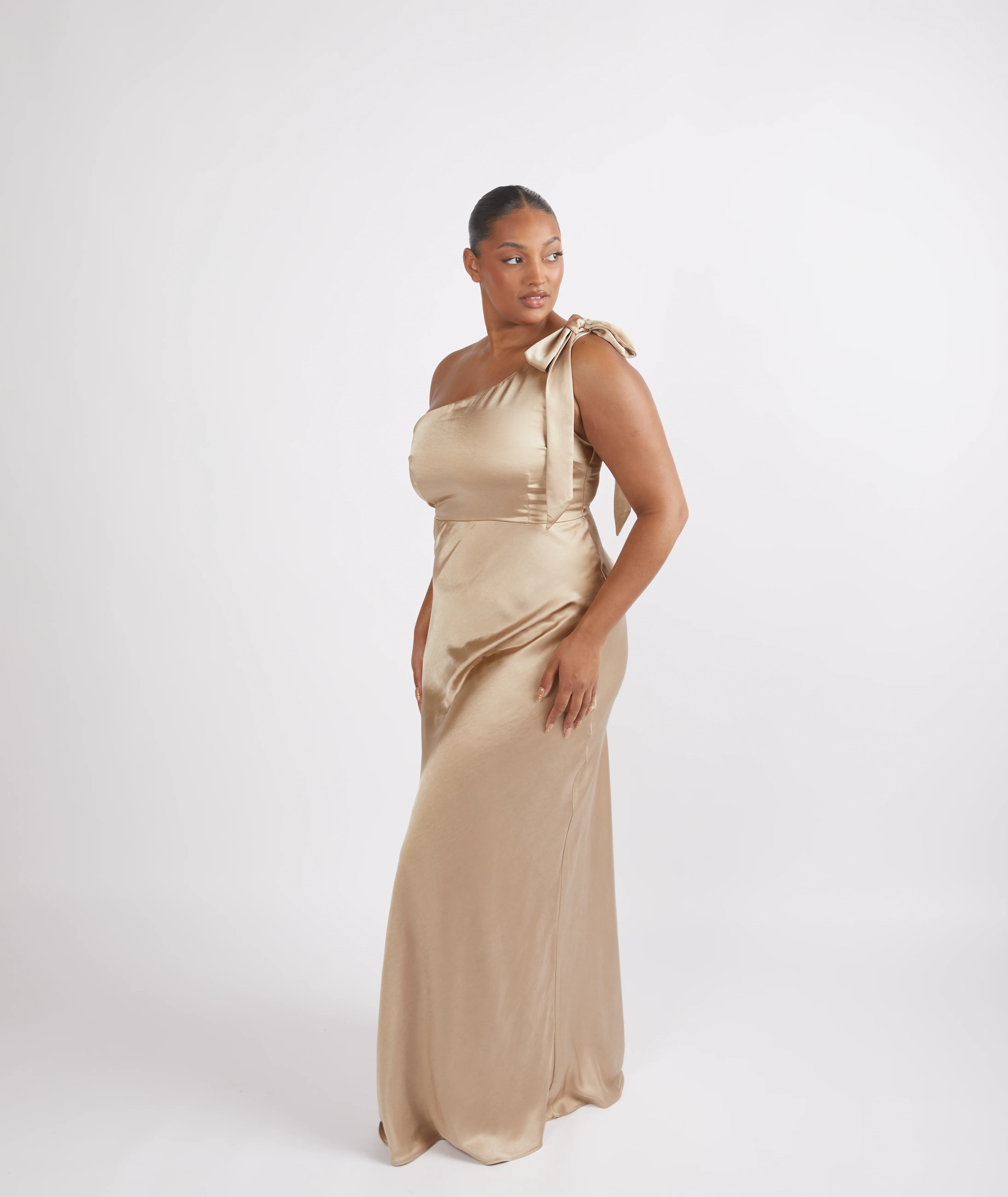 Bow One Shoulder Satin Bridesmaid Dress - Champagne - Image 6