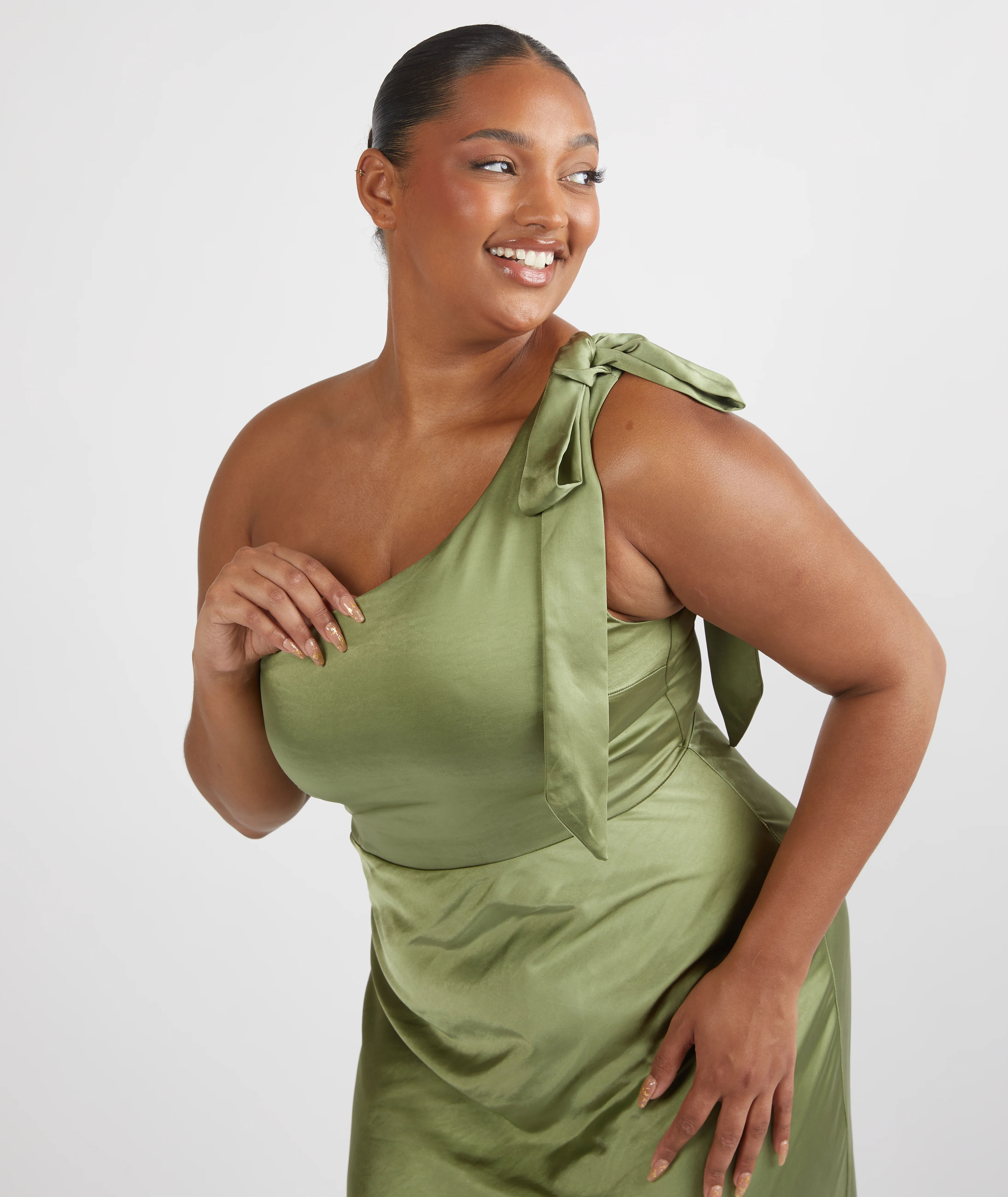 Bow One Shoulder Satin Bridesmaid Dress - Moss Green - Image 3