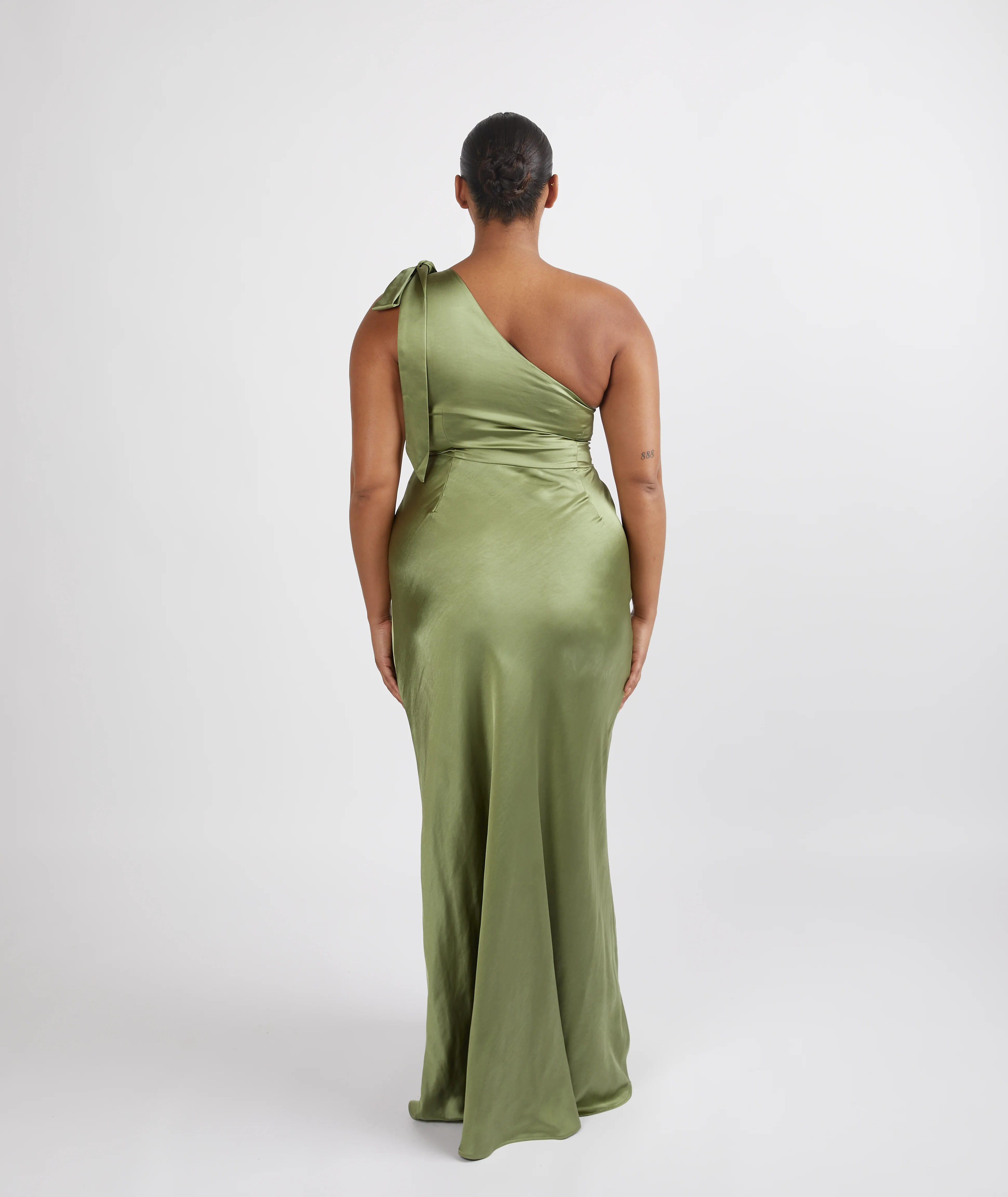 Bow One Shoulder Satin Bridesmaid Dress - Moss Green - Image 4