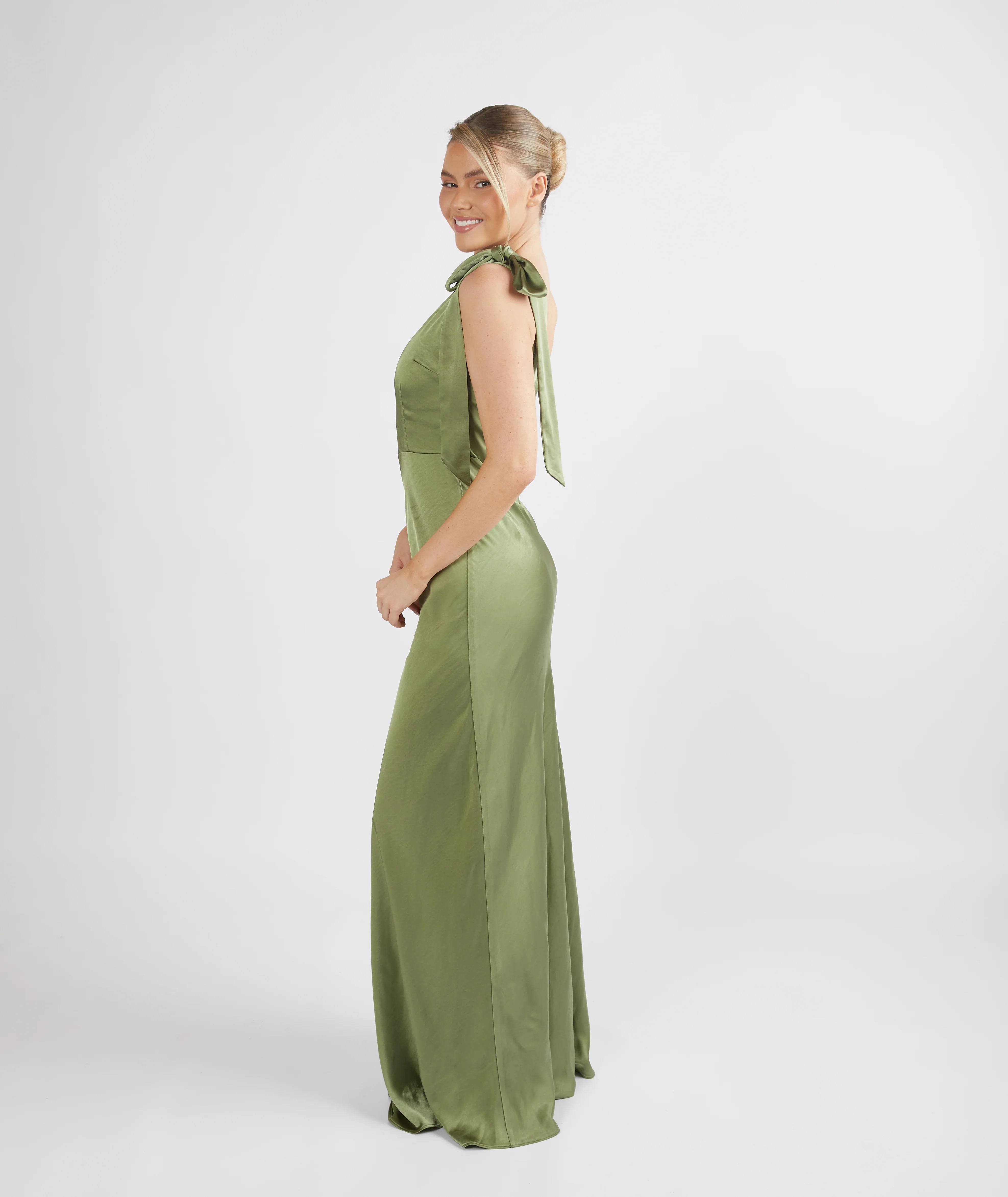 Bow One Shoulder Satin Bridesmaid Dress - Moss Green - Image 5