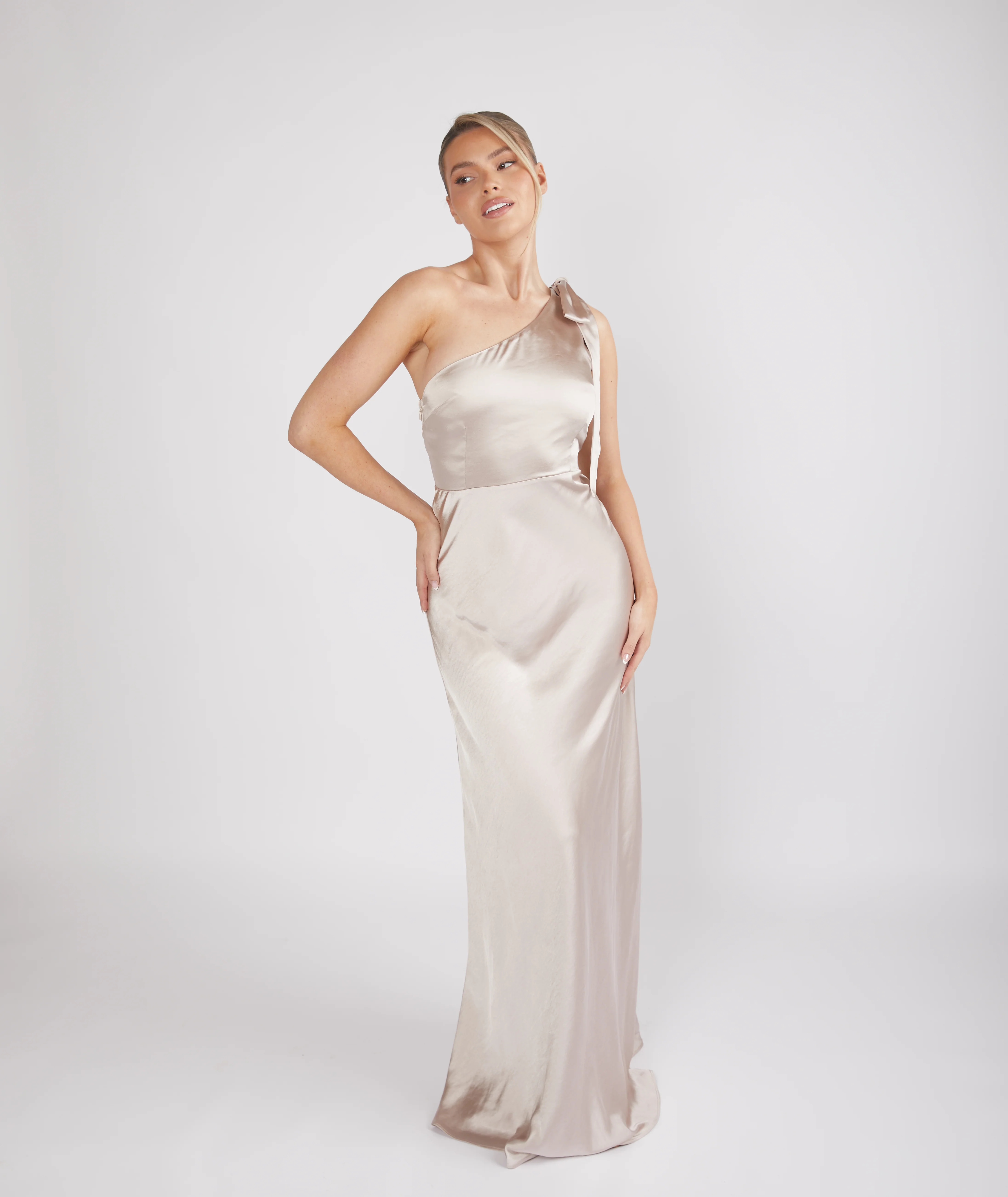 Bow One Shoulder Satin Bridesmaid Dress - Oyster - Image 3