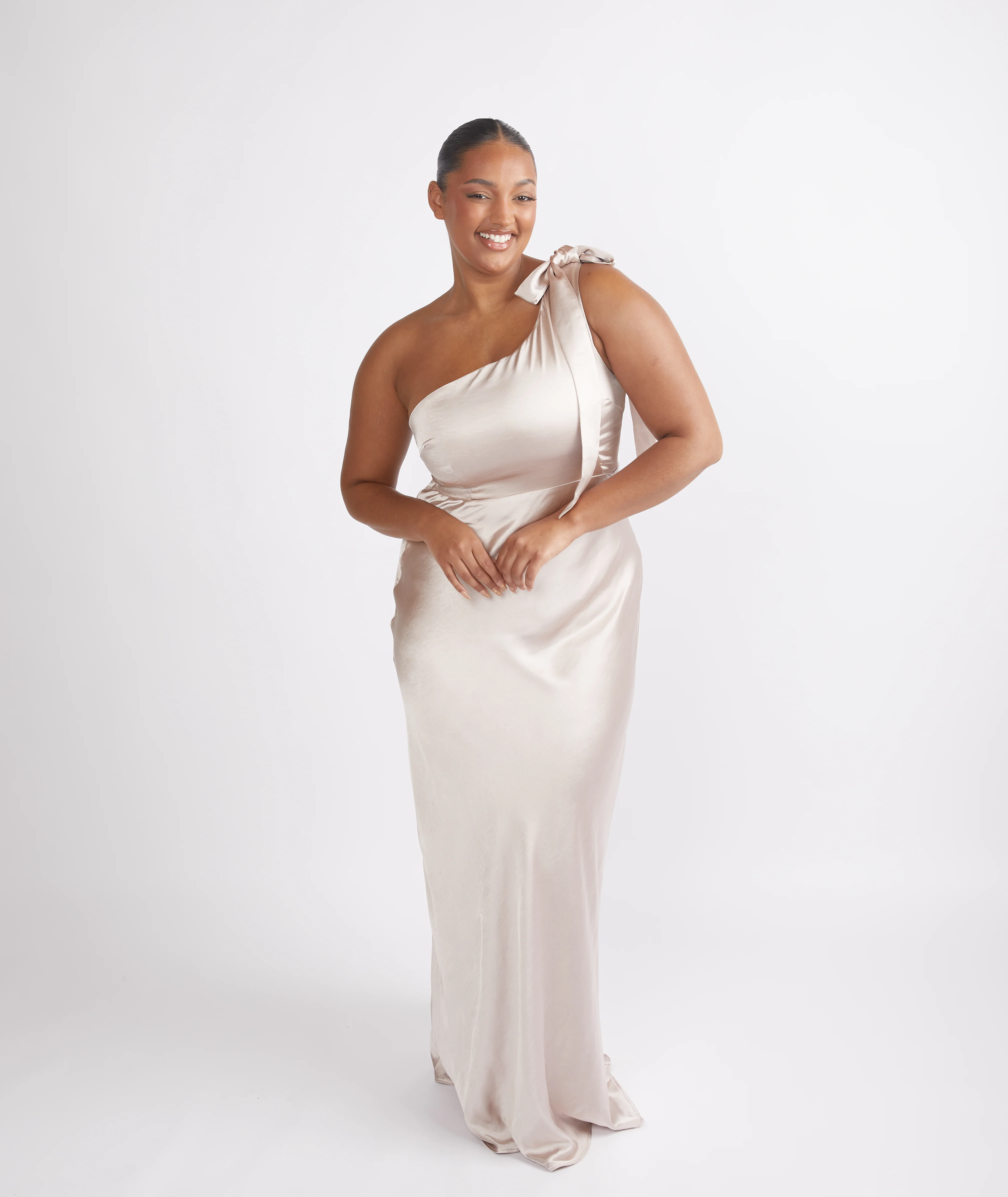 Bow One Shoulder Satin Bridesmaid Dress - Oyster - Image 6