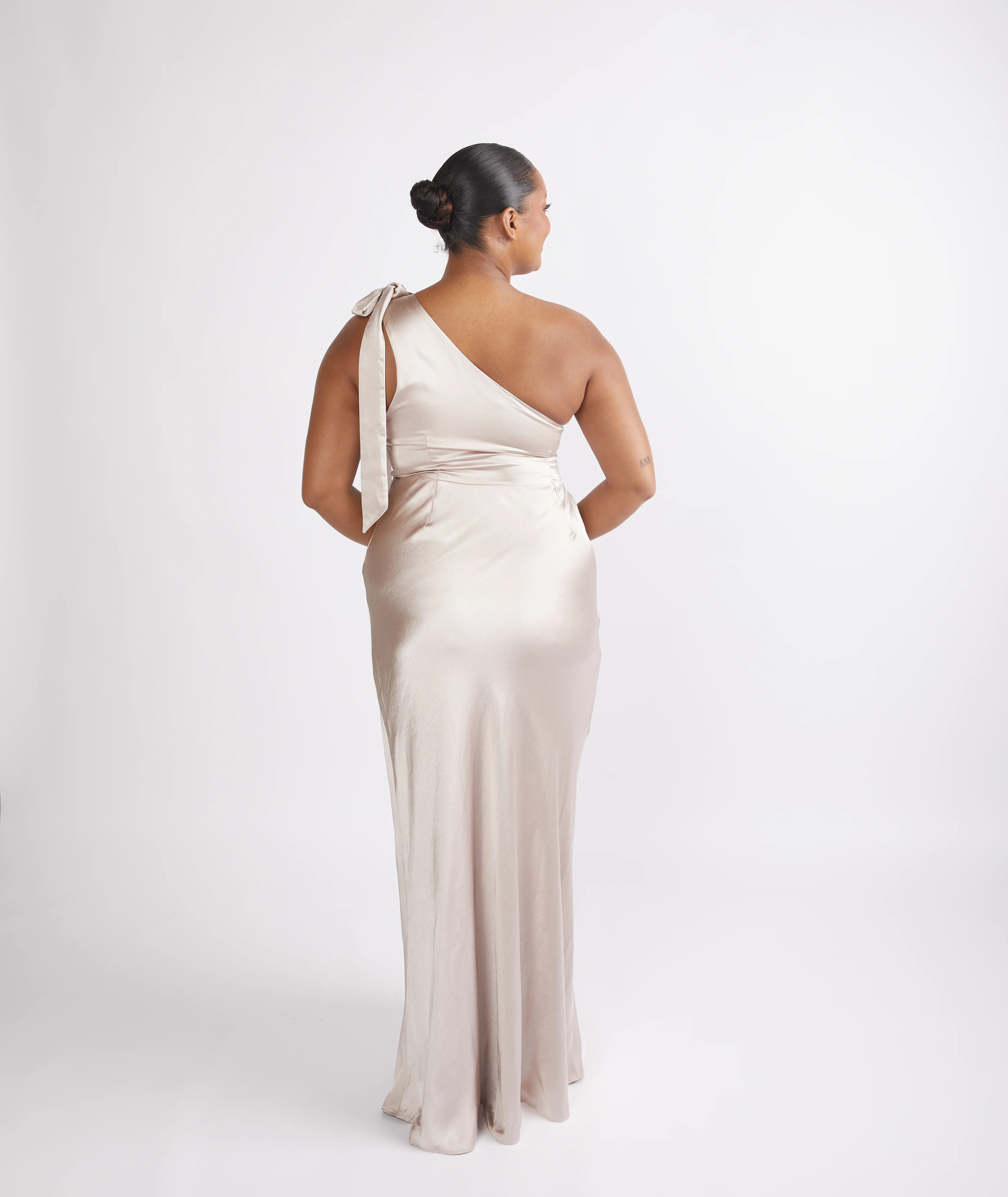Bow One Shoulder Satin Bridesmaid Dress - Oyster - Image 7