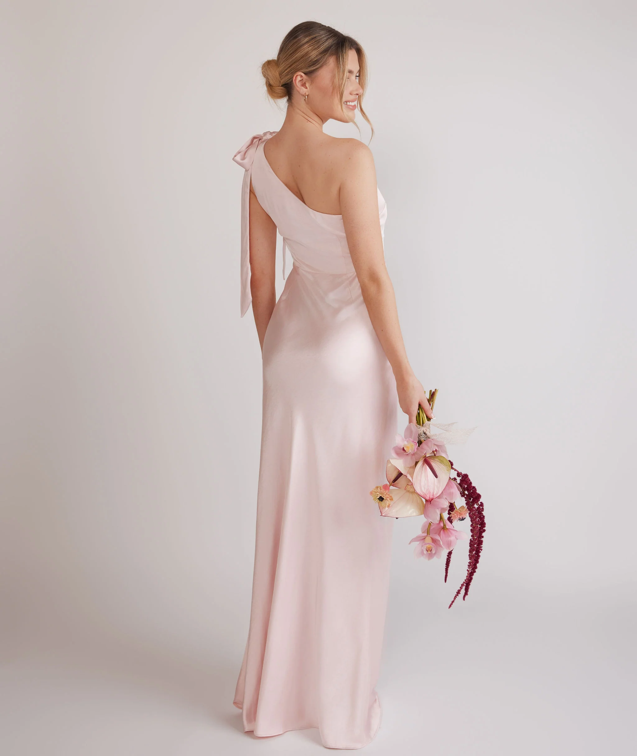 Bow One Shoulder Satin Bridesmaid Dress - Pale Pink - Image 3