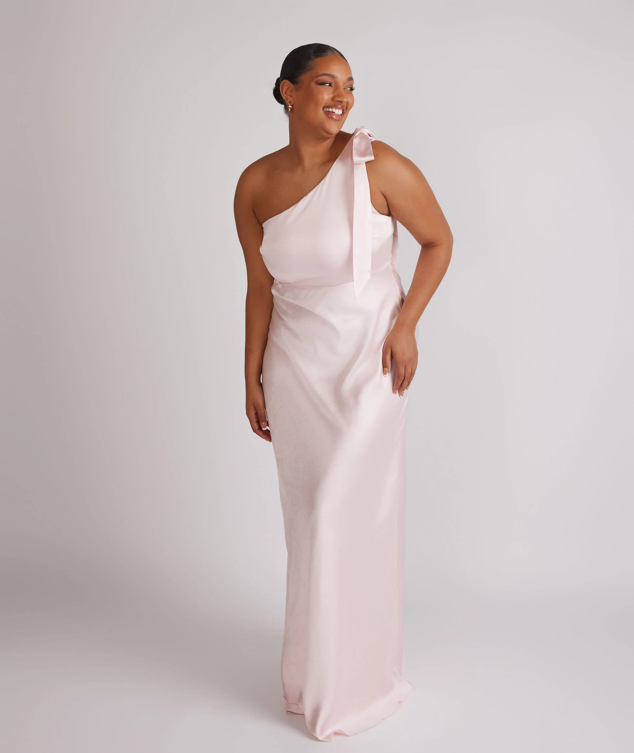 Bow One Shoulder Satin Bridesmaid Dress - Pale Pink - Image 4