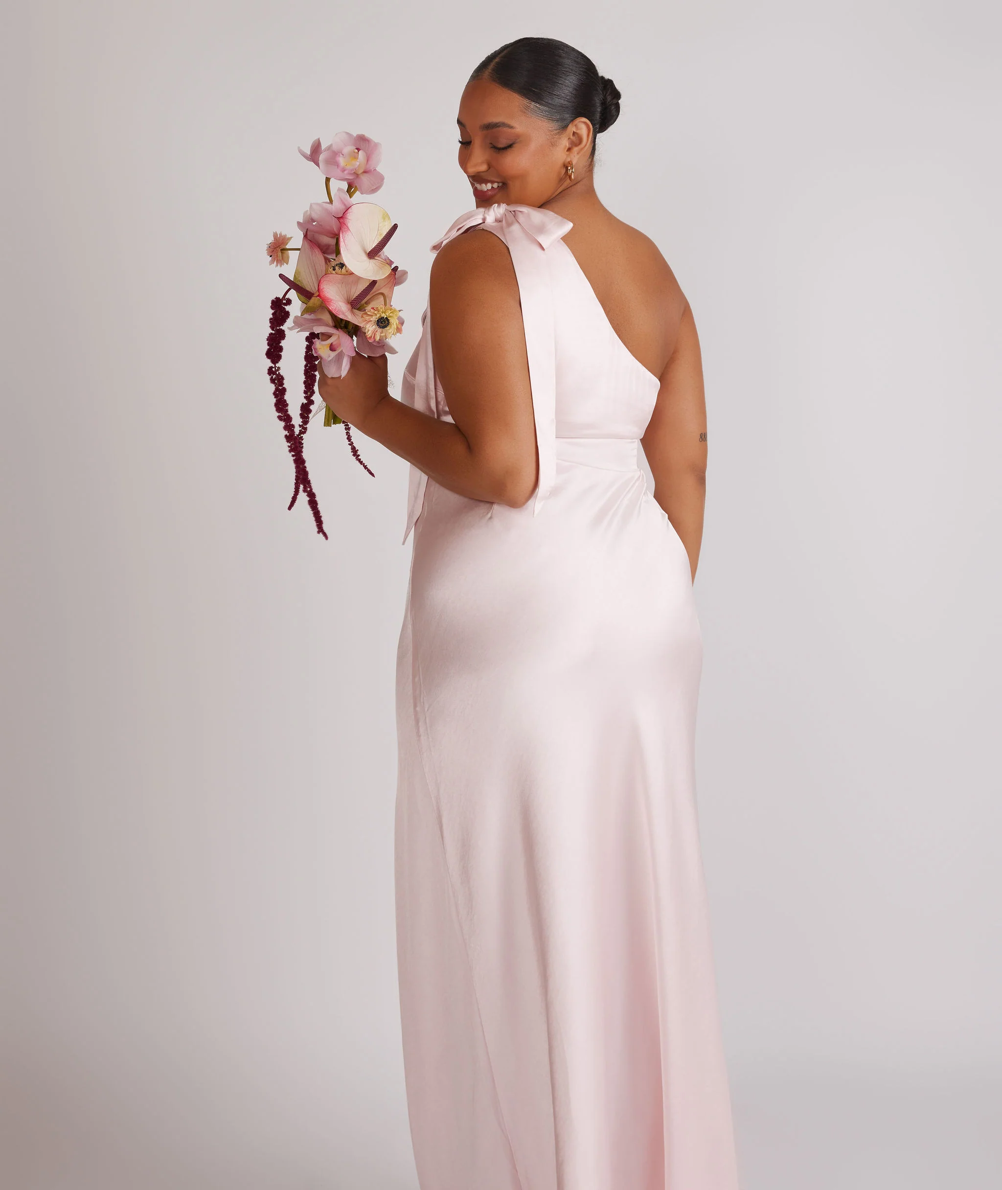 Bow One Shoulder Satin Bridesmaid Dress - Pale Pink - Image 6