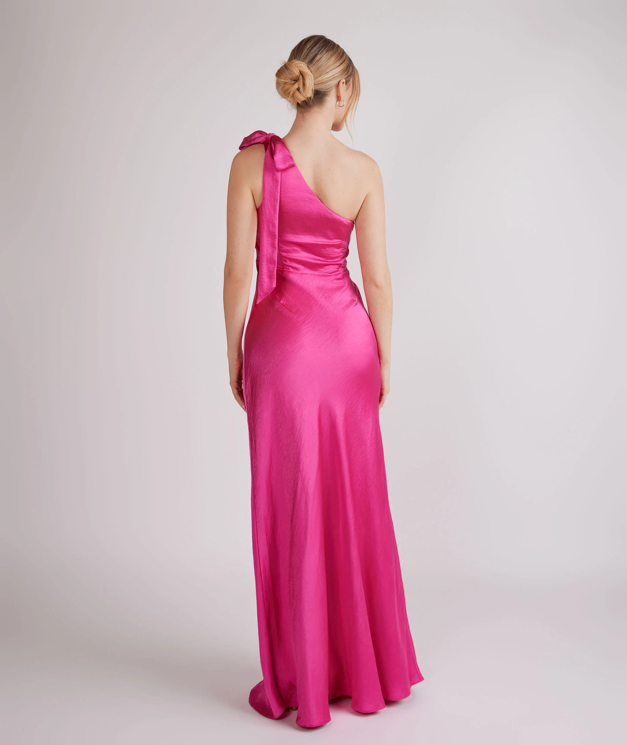 Bow One Shoulder Satin Bridesmaid Dress - Fuchsia Pink - Image 3