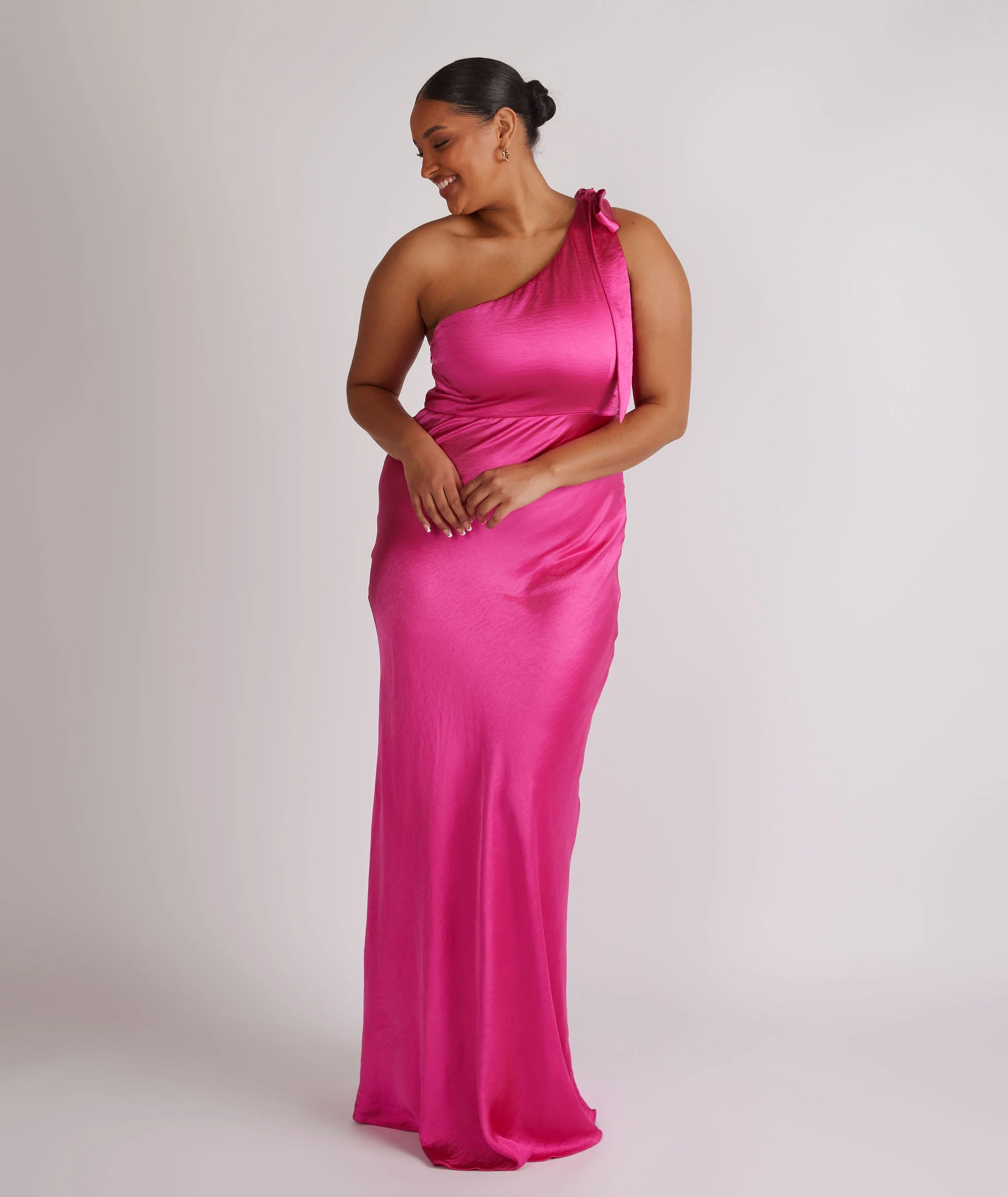 Bow One Shoulder Satin Bridesmaid Dress - Fuchsia Pink - Image 6