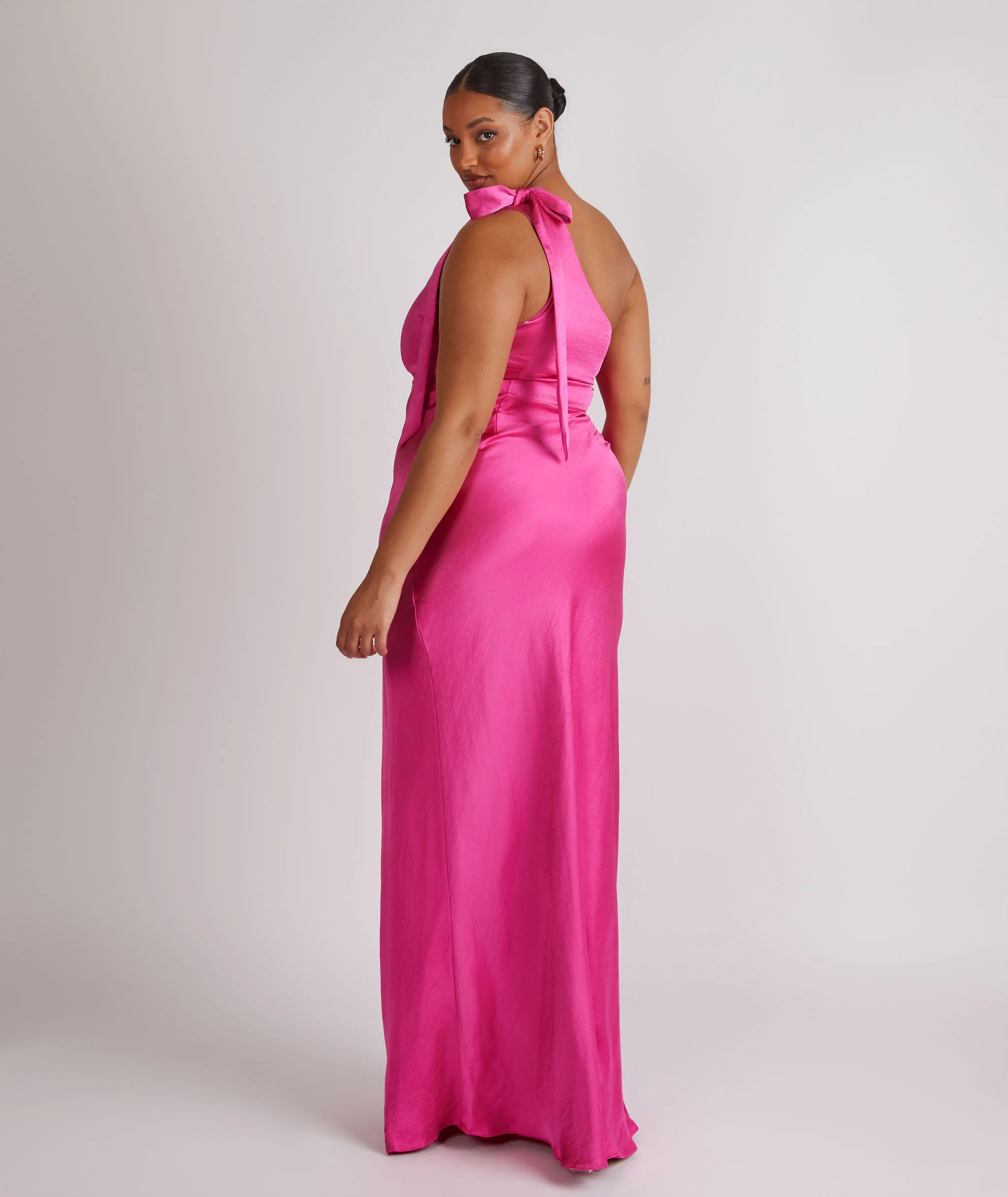 Bow One Shoulder Satin Bridesmaid Dress - Fuchsia Pink - Image 7