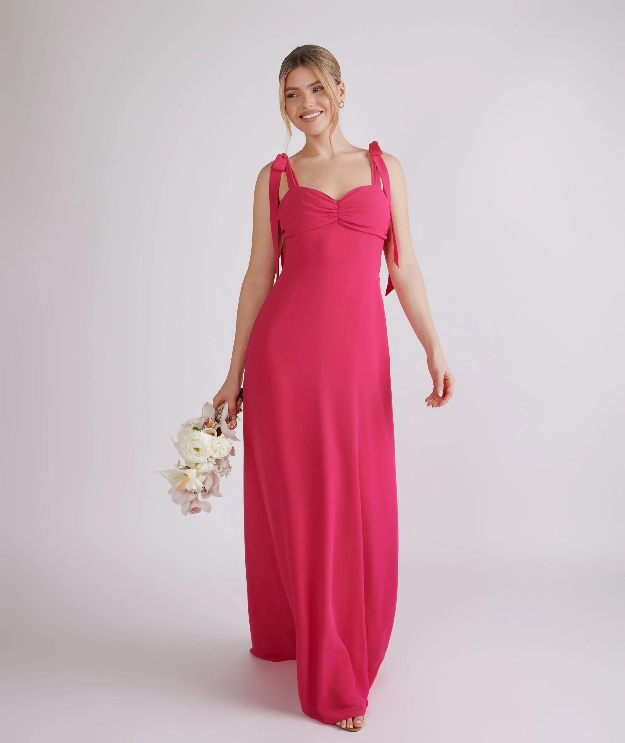 Bow Tie Chiffon Bridesmaid Dress - Fuchsia Pink