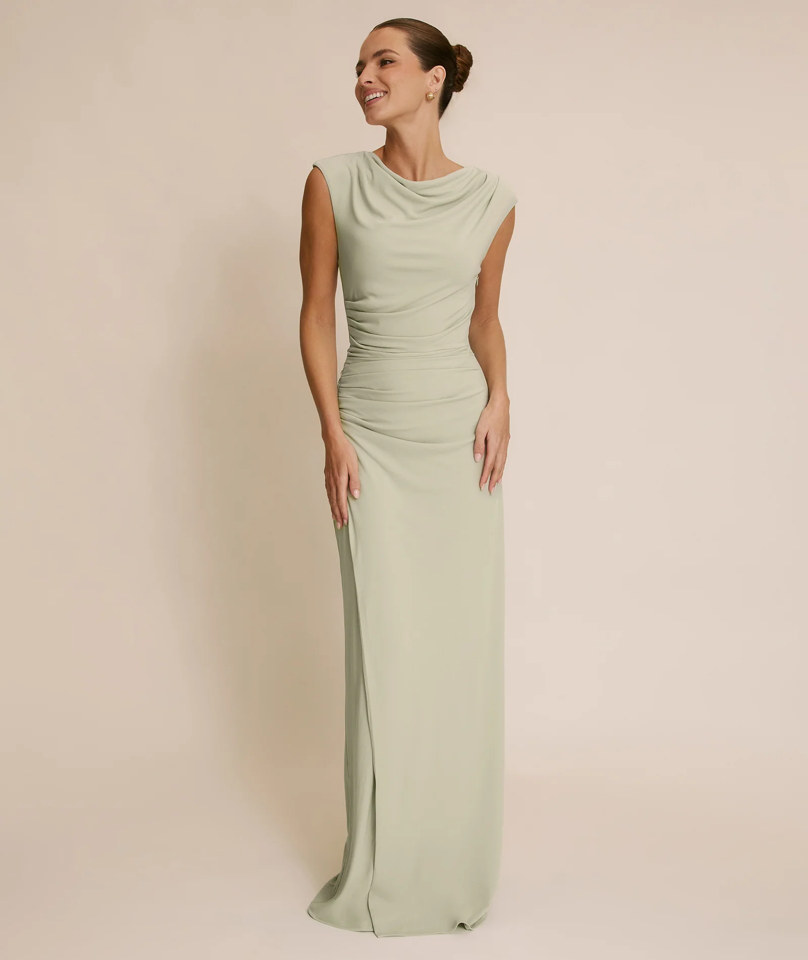 Cowl Wrap Neck Stretch Sculpt Bridesmaid Dress - Soft Sage - Image 7