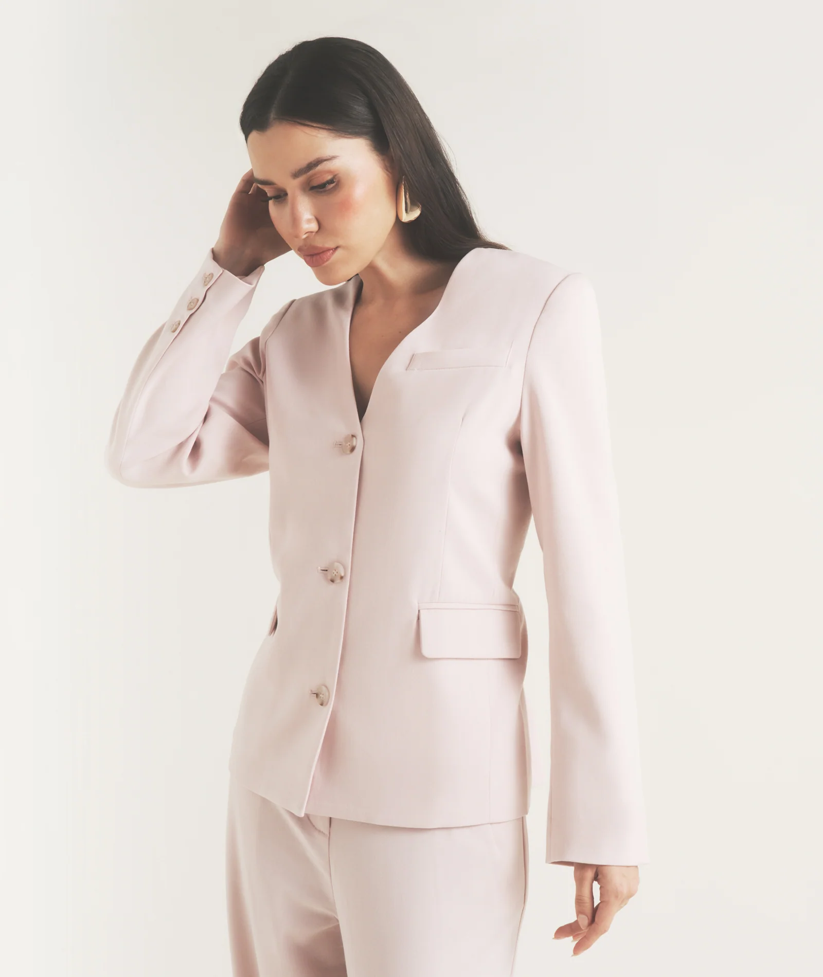 Collarless Tailored Jacket - Pink - Image 4