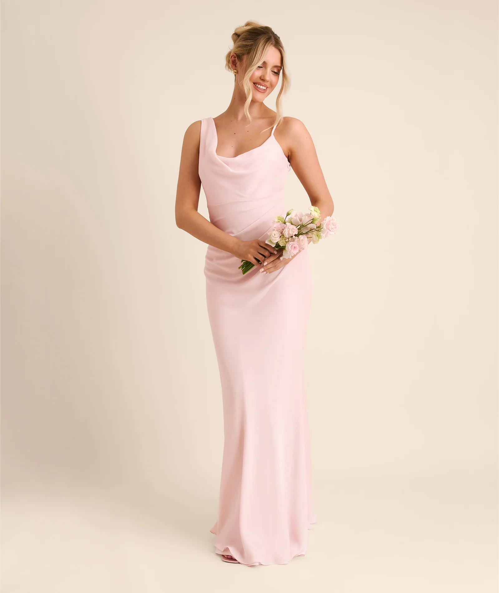 Cowl Asymmetrical Chiffon Bridesmaid Dress - Blush Pink - Image 3