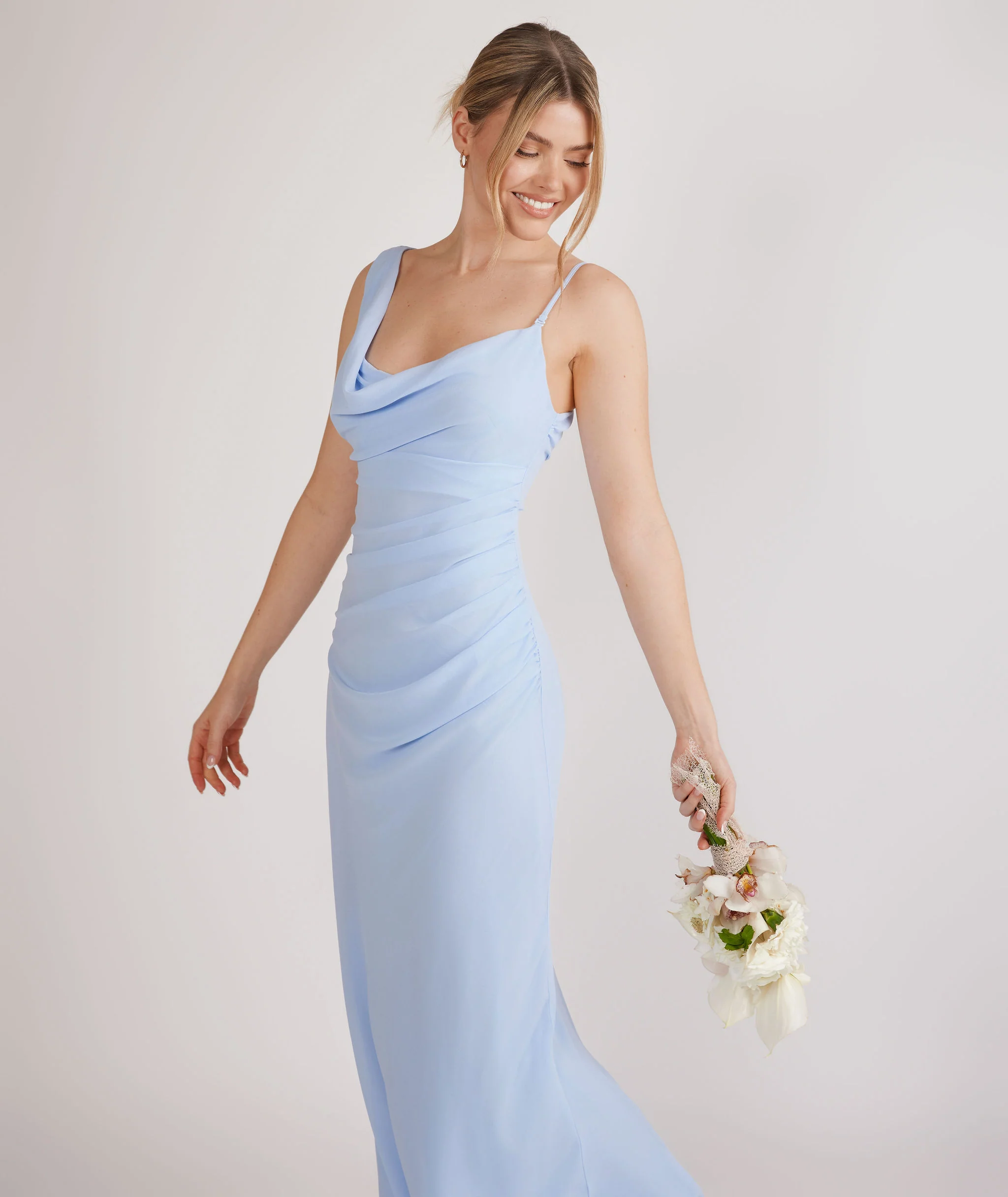 Cowl Asymmetrical Chiffon Bridesmaid Dress - Cornflower Blue - Image 7