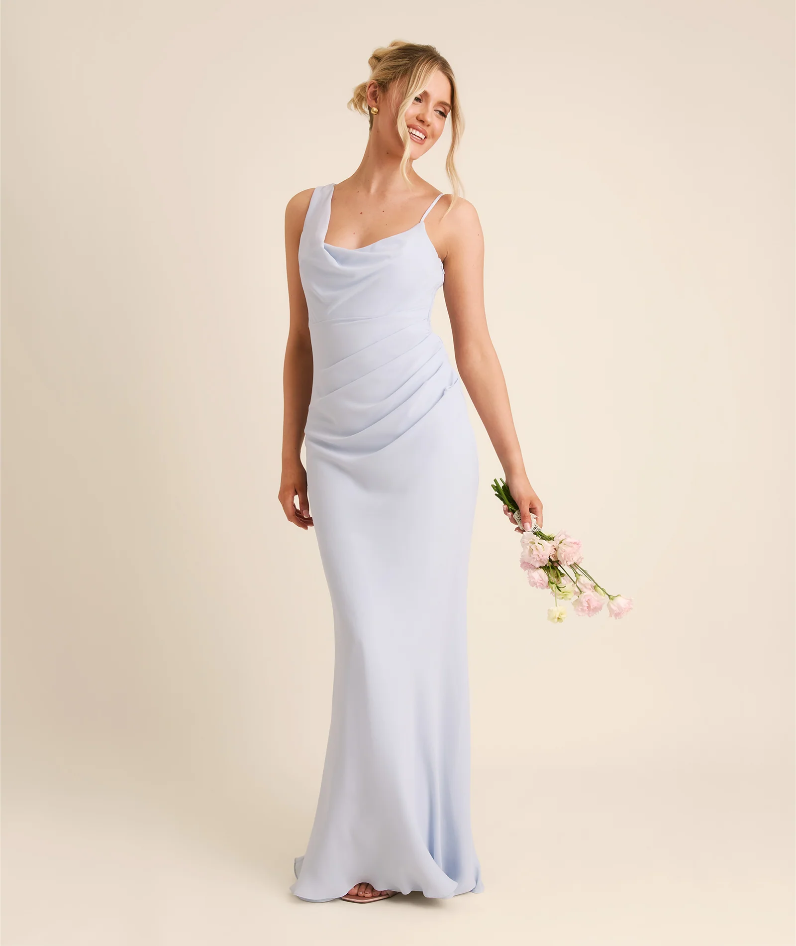 Cowl Asymmetrical Chiffon Bridesmaid Dress - Powder Blue - Image 5