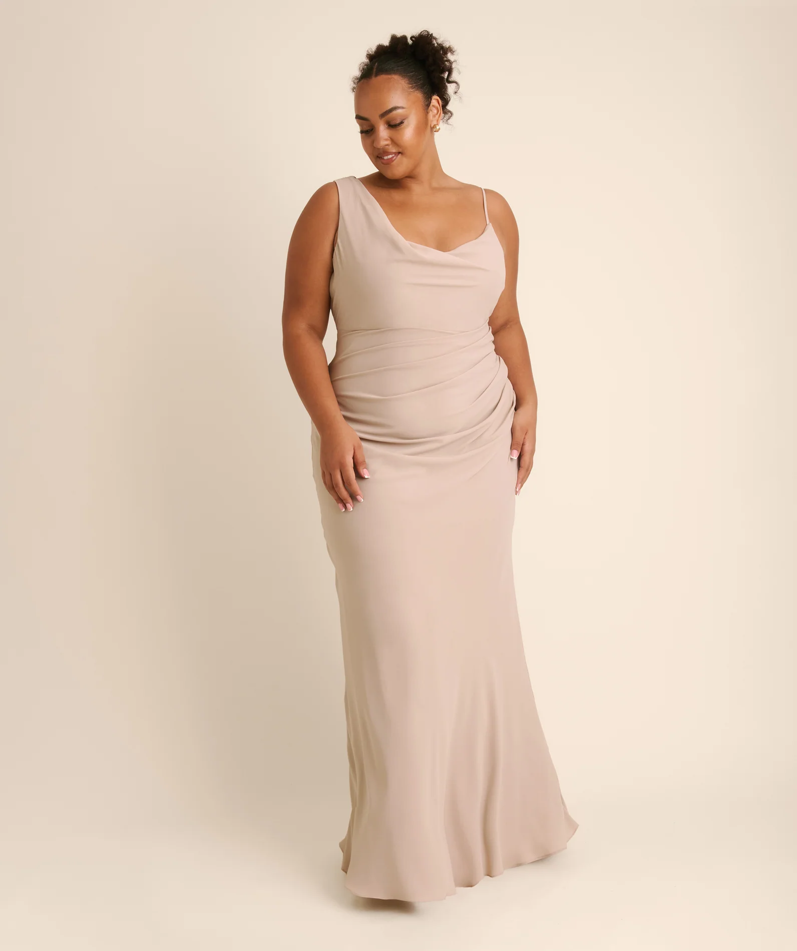 Cowl Asymmetrical Chiffon Bridesmaid Dress - Taupe - Image 5